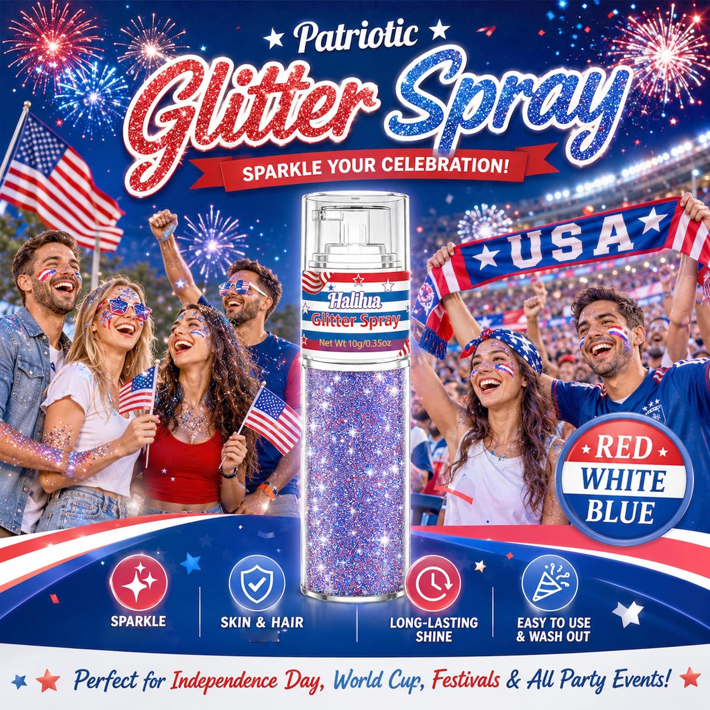 Patriotic Hair and Body Glitter Spray, 4th of July Decorations Accessories for 250 Anniversary Independence Day, Fourth of July Outfits for Women Kids, Red White and Blue Glitter Sparkle Powder