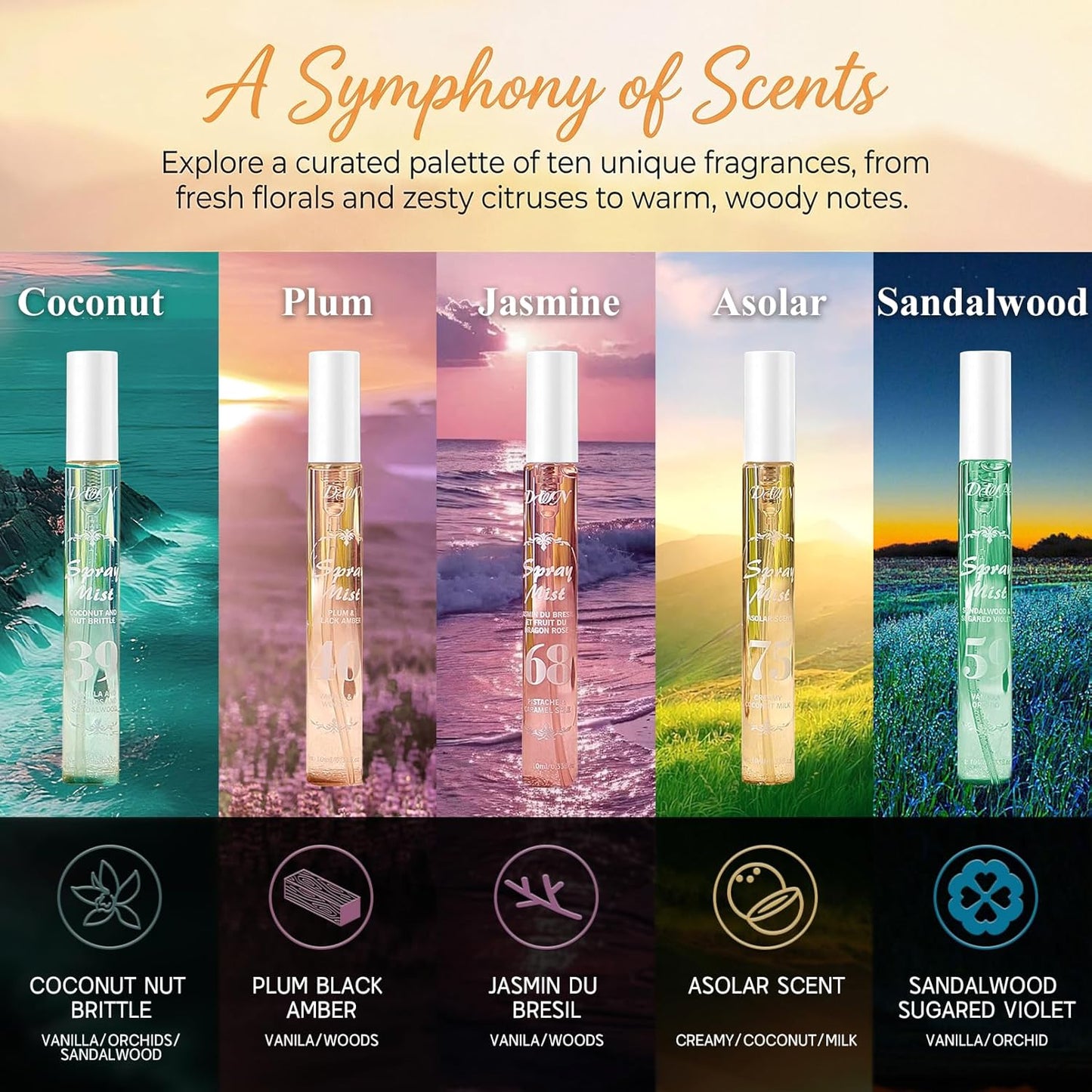 Hair Perfume Mist - Travel Size Set with 10 Long-Lasting Scents | Ideal Gift for Women