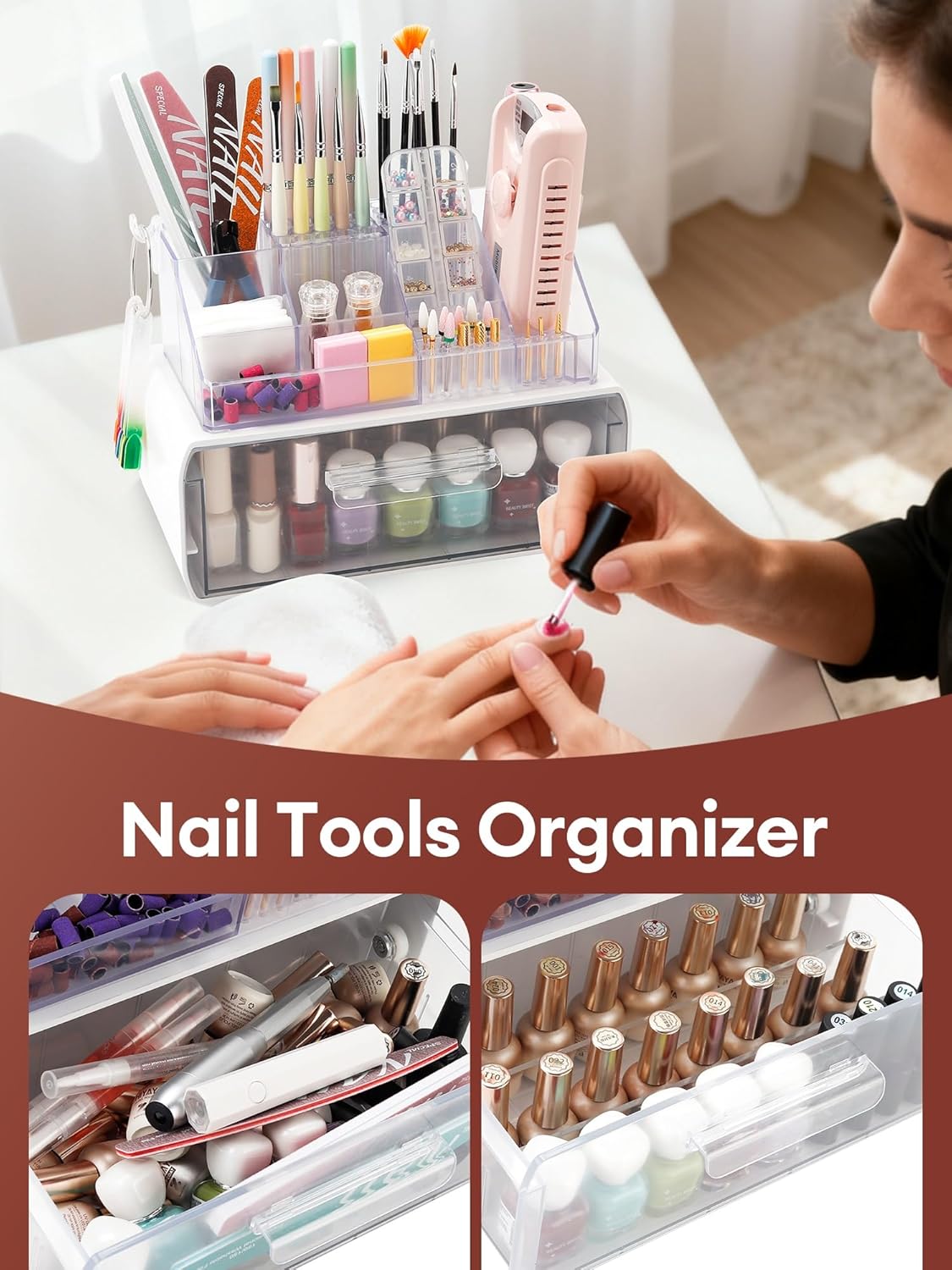 Nail Drill Holder with Drawer - Acrylic Makeup Organizer Case for Nail Bits | Beauty Storage Box for Dresser & Vanity