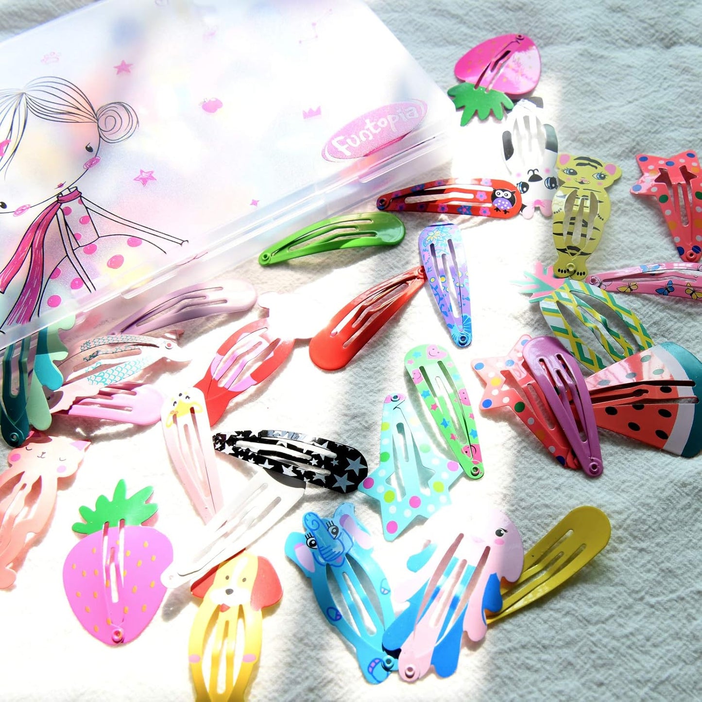 Funtopia Hair Clips for Girls - 100 Pcs No Slip Metal Snap Barrettes | Cute Candy Color Cartoon Designs