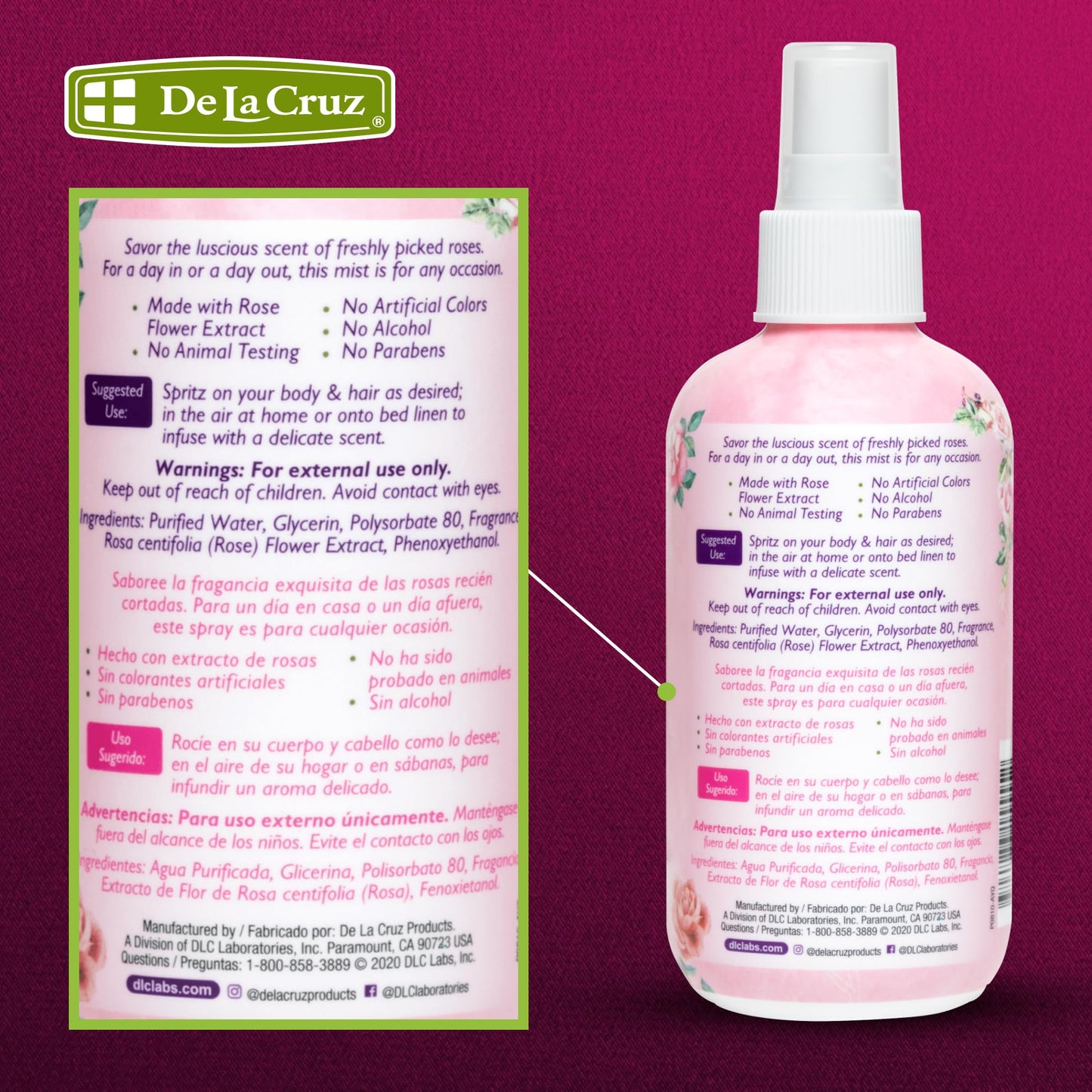 De La Cruz Pure Rose Water Body Mist,Rosewater Spray for Face, Skin & Hair, Rose Toner & Rose Water for Hair Alcohol Free, Paraben Free 8 fl oz (6 Bottles)