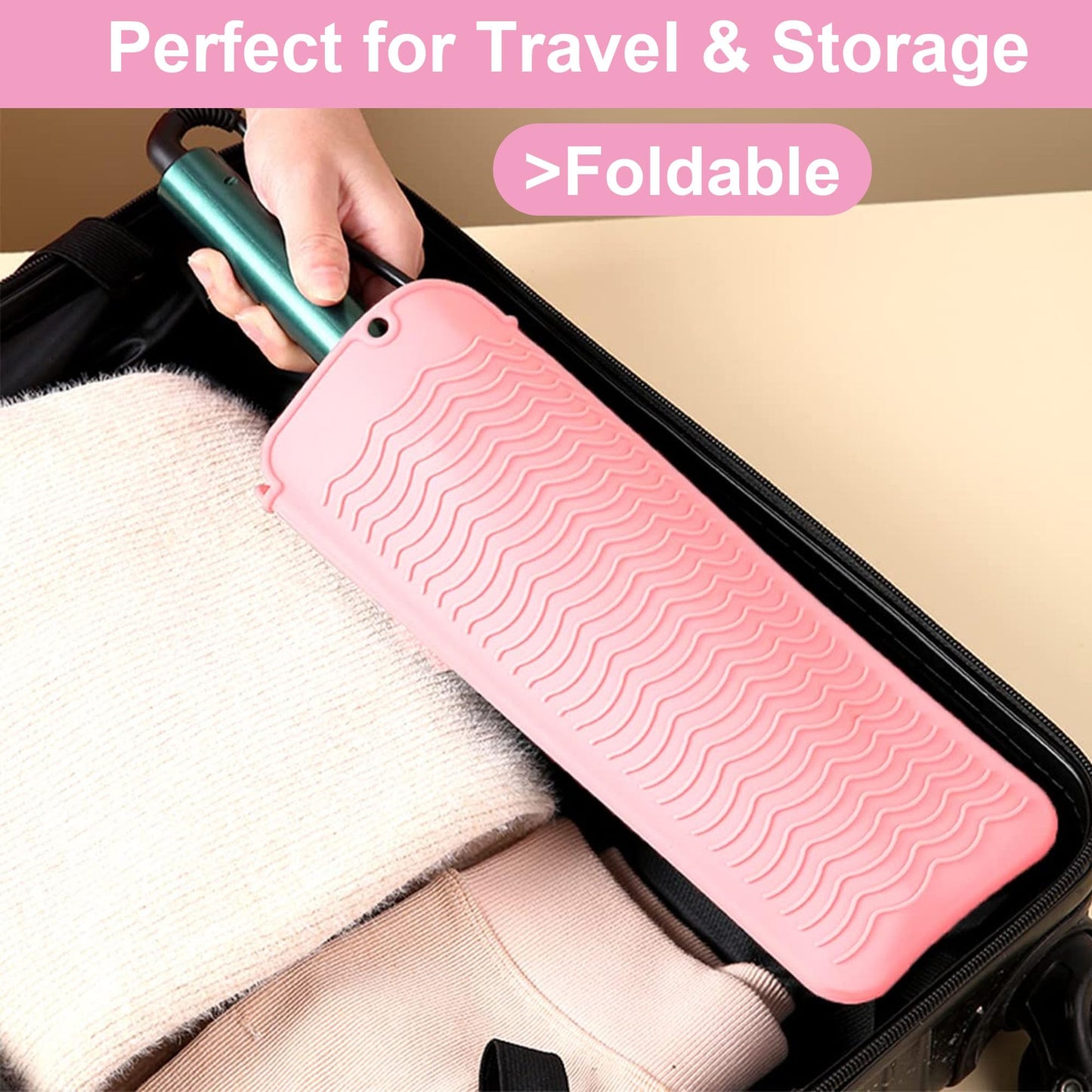 Heat Resistant Silicone Mat and Holder for Hair Tools, Curling Iron and Flat Iron Mat Pad, Portable Travel Pouch Case and Countertop Protector for Hair Styling Tools Pink