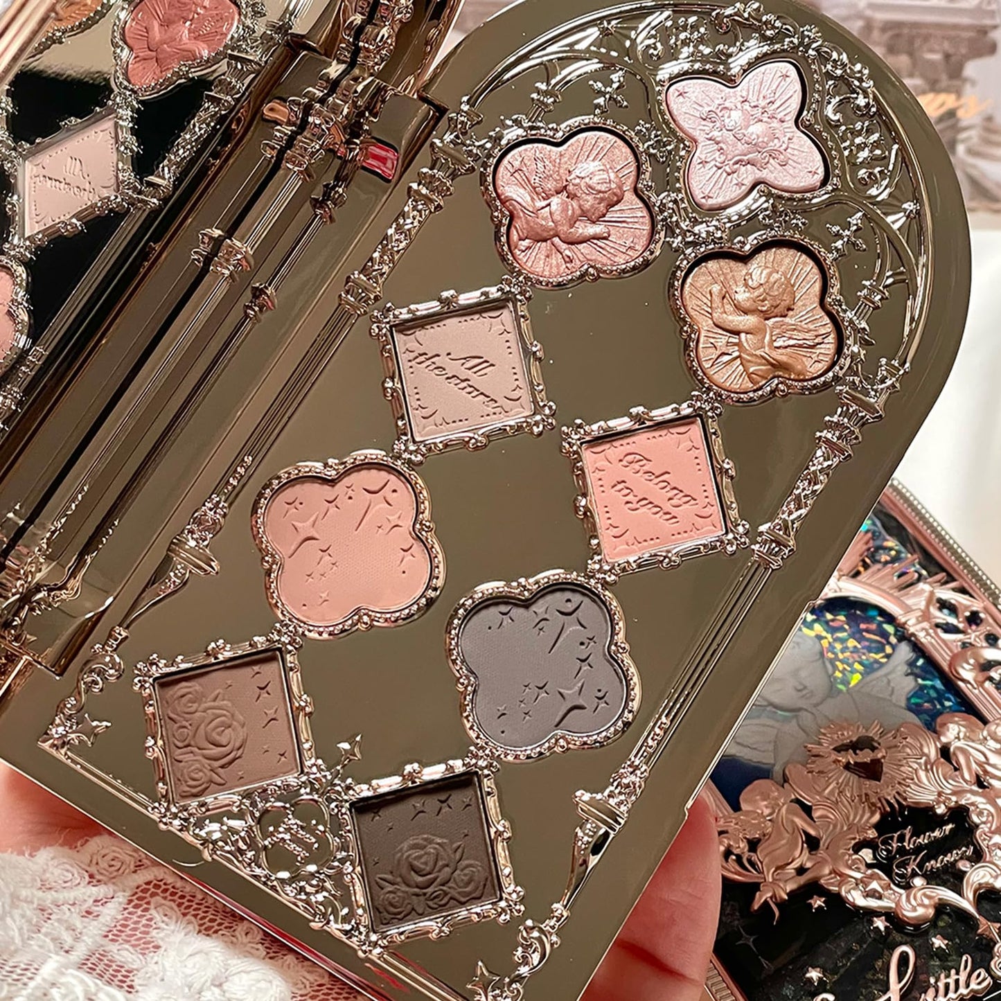 Flower Knows Cherub Bloom 11-Piece Makeup Gift Box Set,Includes Makeup Palette,Lipstick,Blush,Highlighter,Lip Gloss,Hand Mirror,Bag Charm,Brush,Box,Perfect Anniversary Valentine Birthday Make Up Gift