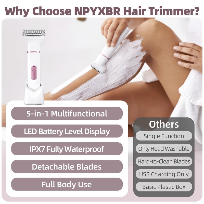 5-in-1 Bikini Trimmer for Women: Mothers Day Gifts, Travel Essentials, IPX7 Waterproof Electric Shaver Razor, Rechargeable Body Hair Removal with LED Display, 5 Replacement Ceramic Blade Heads