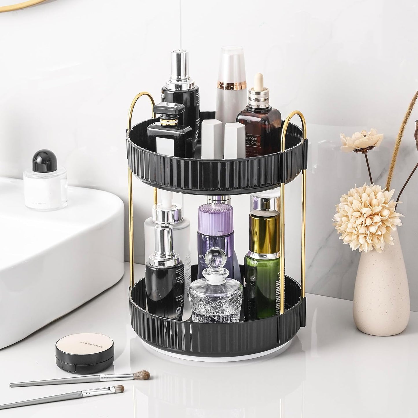 Rotating Makeup Organizer - 3 Tier Clear Cosmetic Holder for Vanity | Grey Perfume & Skincare Storage