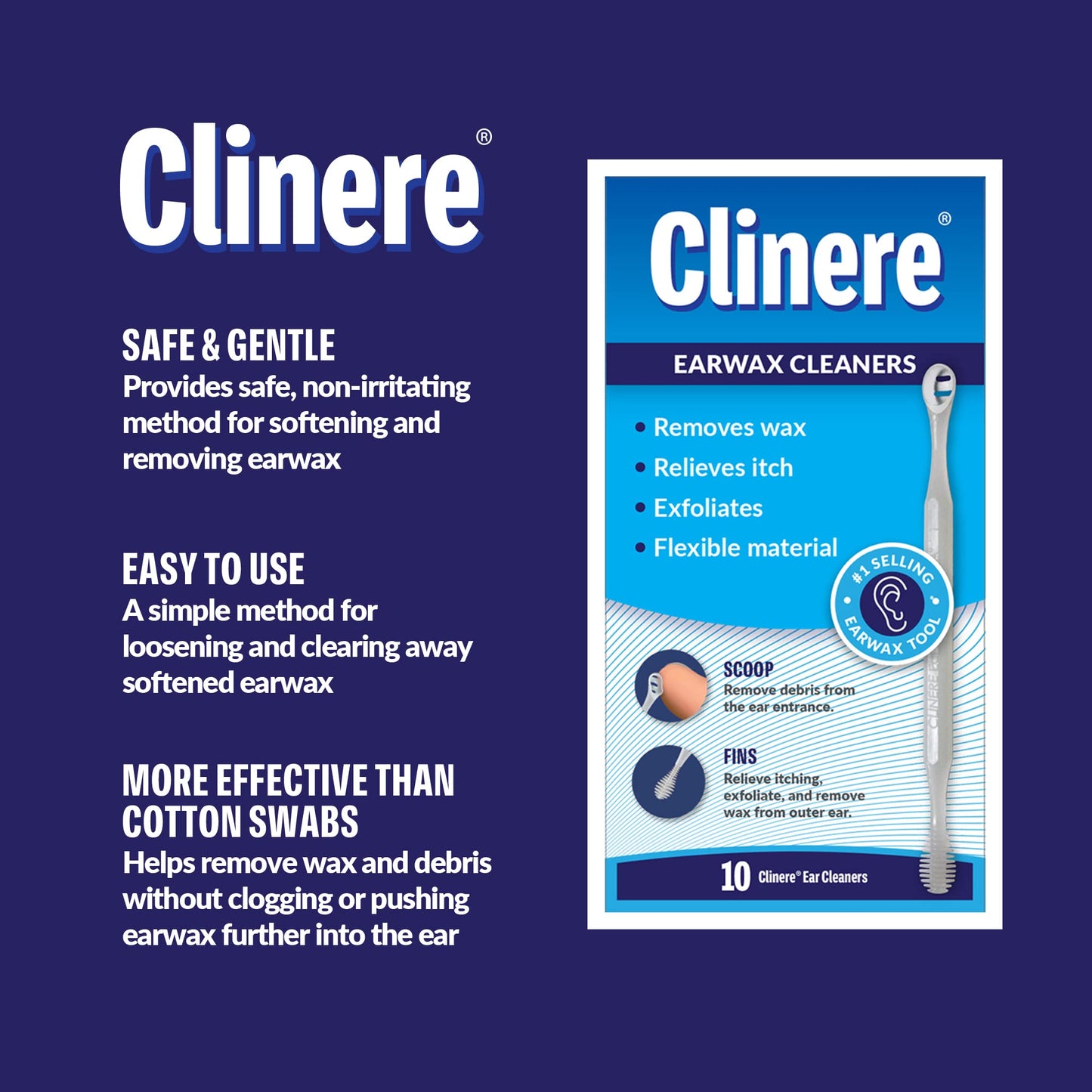 Clinere® Ear Cleaners, Gentle Ear Cleaning and Ear Wax Removal Tool, Itch Relief, Exfoliates, 10 Count