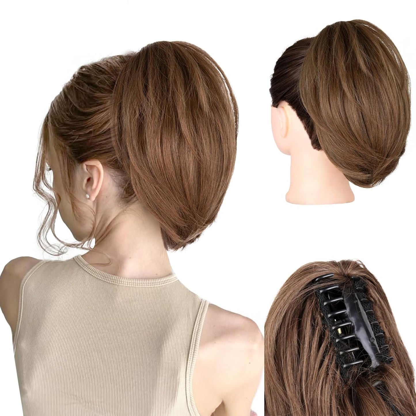 10 Inch Ponytail Extension - Straight Claw Clip Synthetic Hair | Brown with Blonde Highlights
