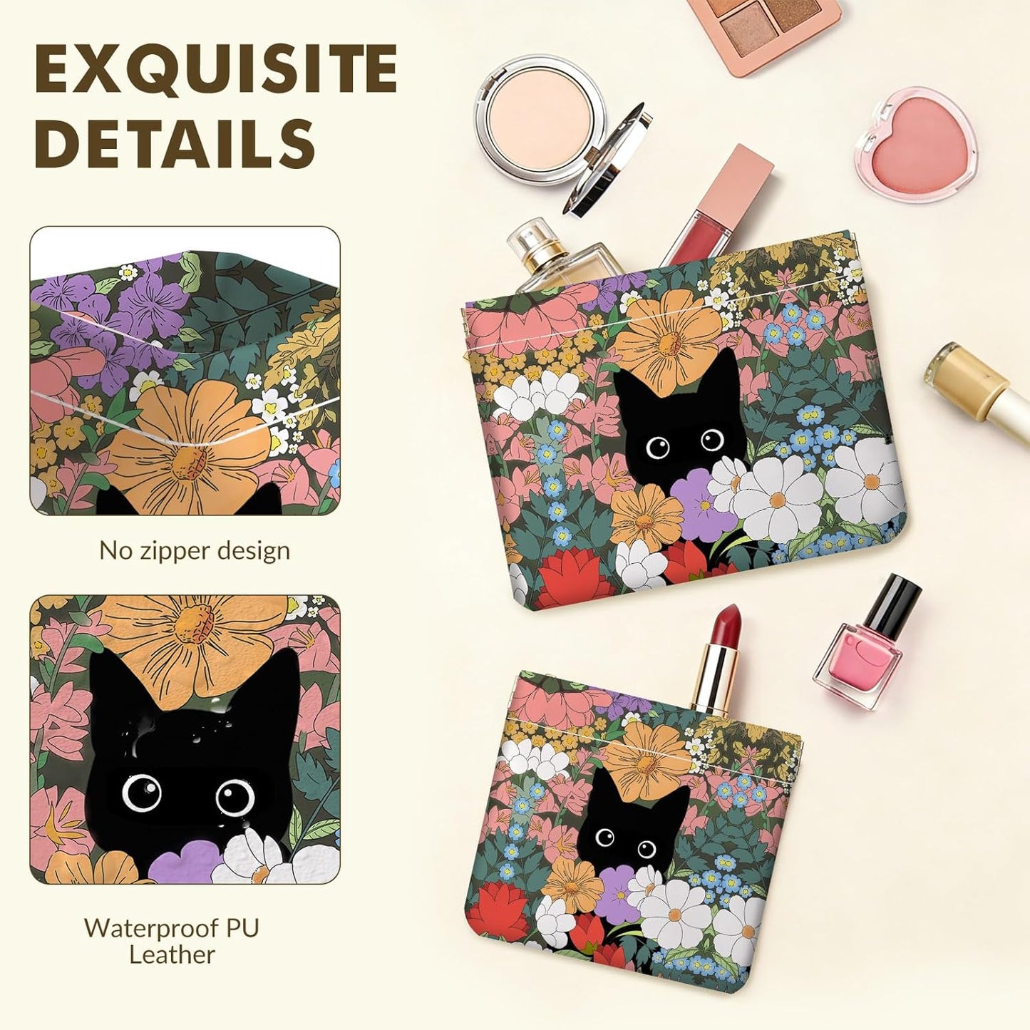Small Makeup Bag Set - 2 PCS PU Leather Cosmetic Organizers | Portable Travel Pouch for Women - Floral & Cat Design