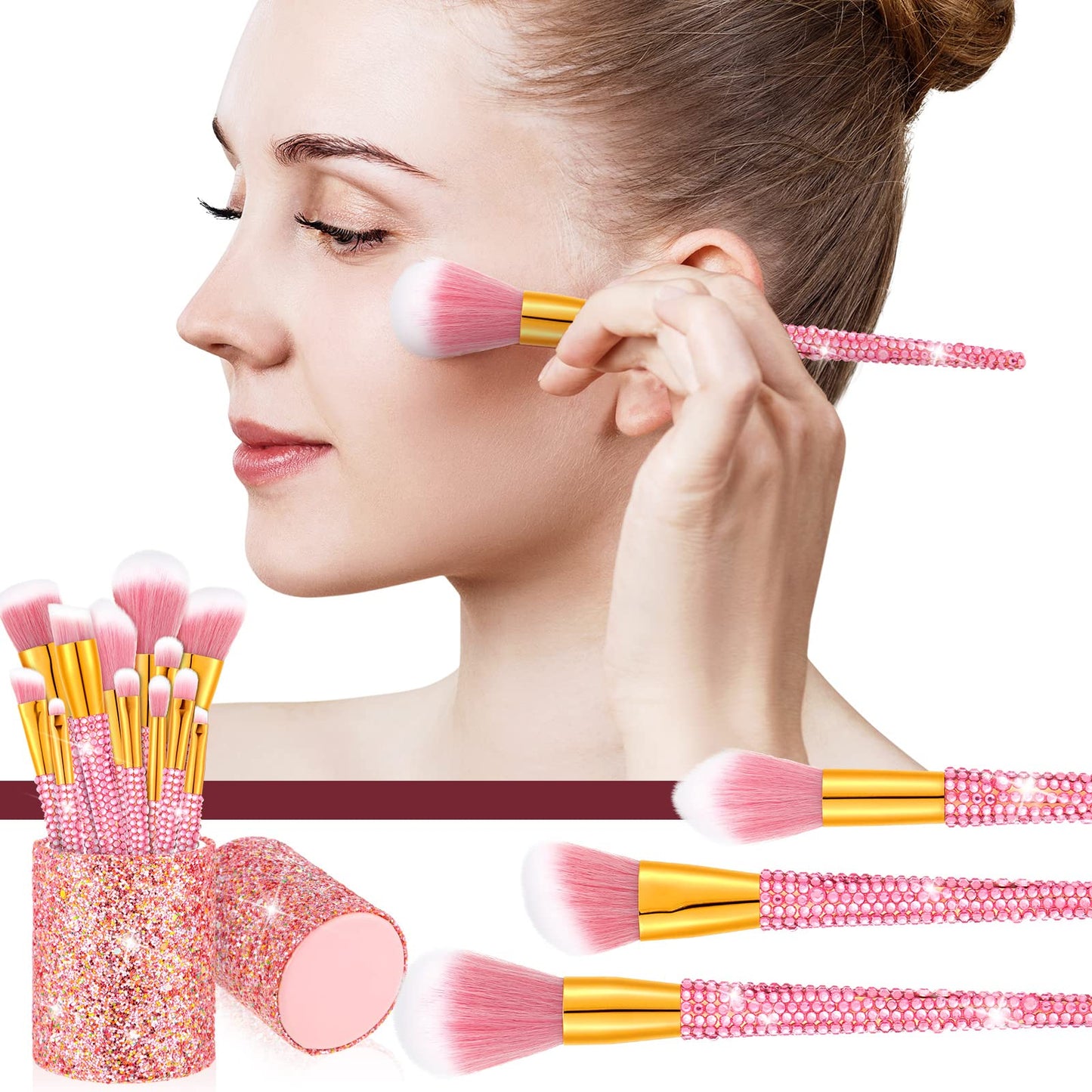 Rtteri 13 Pcs Rhinestone Makeup Brushes Set Professional Bling Crystal Face Cosmetics Brush for Women Girls Cute Foundation Concealer Eye Shadow Blush Lip Brushes Makeup Tools Kit
