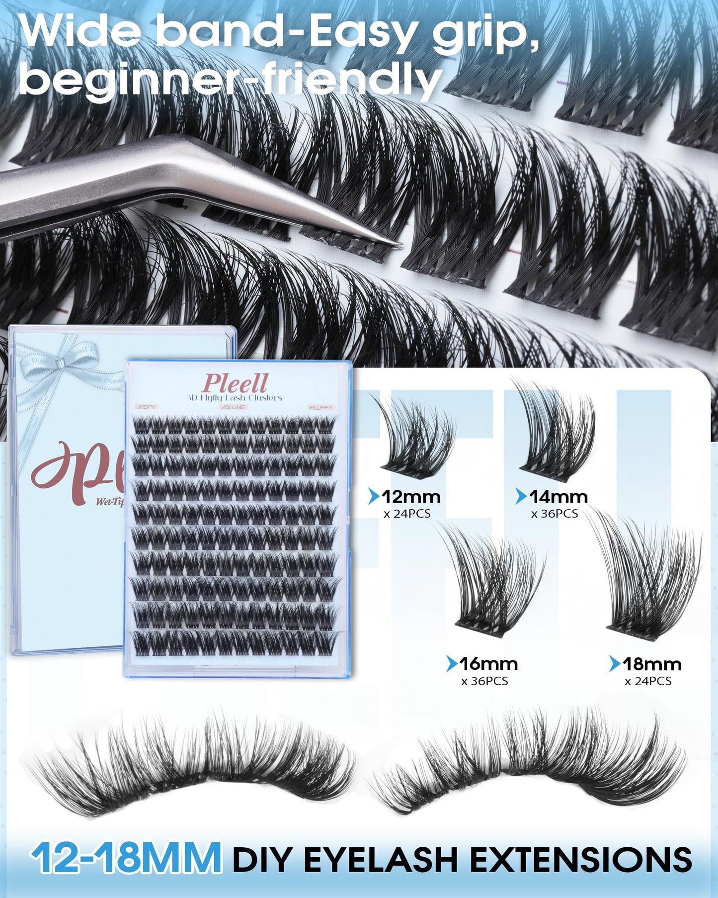 Fluffy Lash Clusters Volume Eyelash Clusters 12-18mm 5D DIY Lashes Clusters D-Curl Thick Cluster Eyelash Extensions Wispy Individual Lashes with Ultra-Thin Band by Pleell