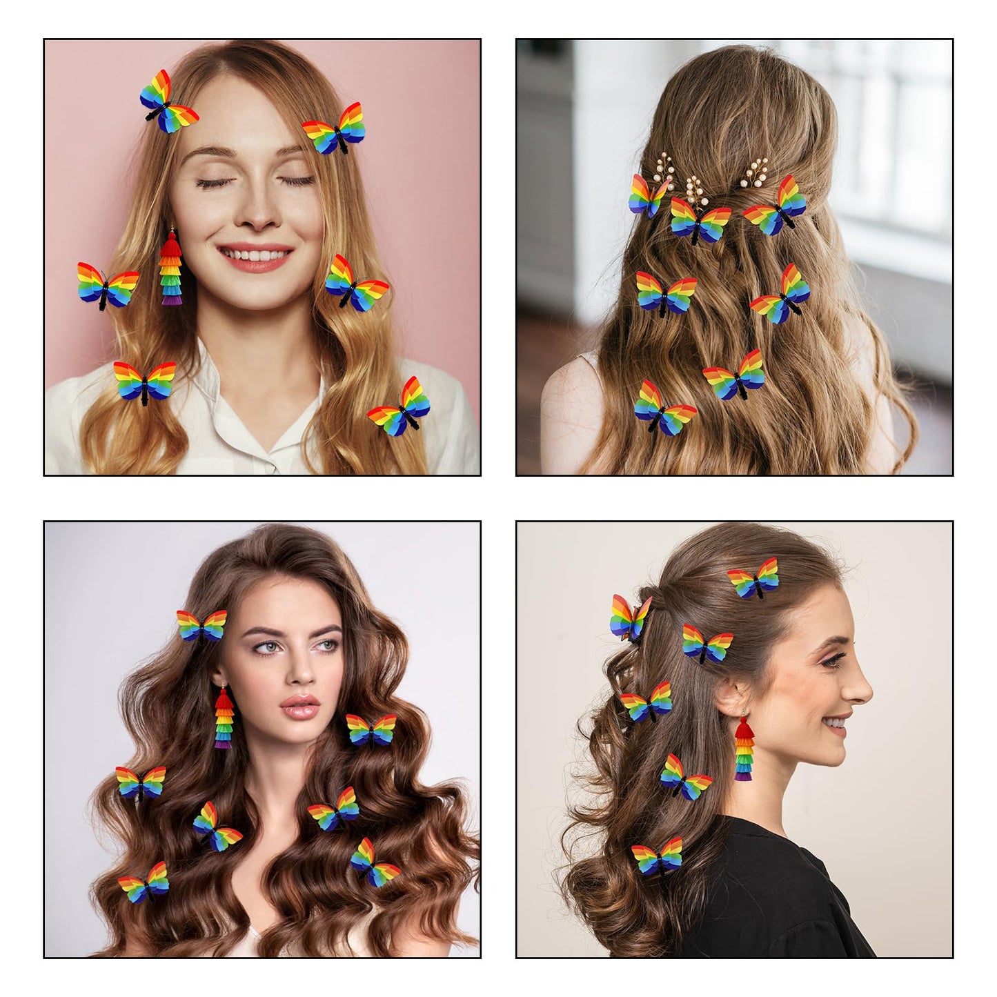 6 Pcs Pride Rainbow Butterfly Hair Clips with Tassel Earrings Gay Pride Day Hair Accessories Pride Earrings LGBT Rainbow Accessories for Women Girls Men LGBT Pride Day Parades Celebrations Decorations