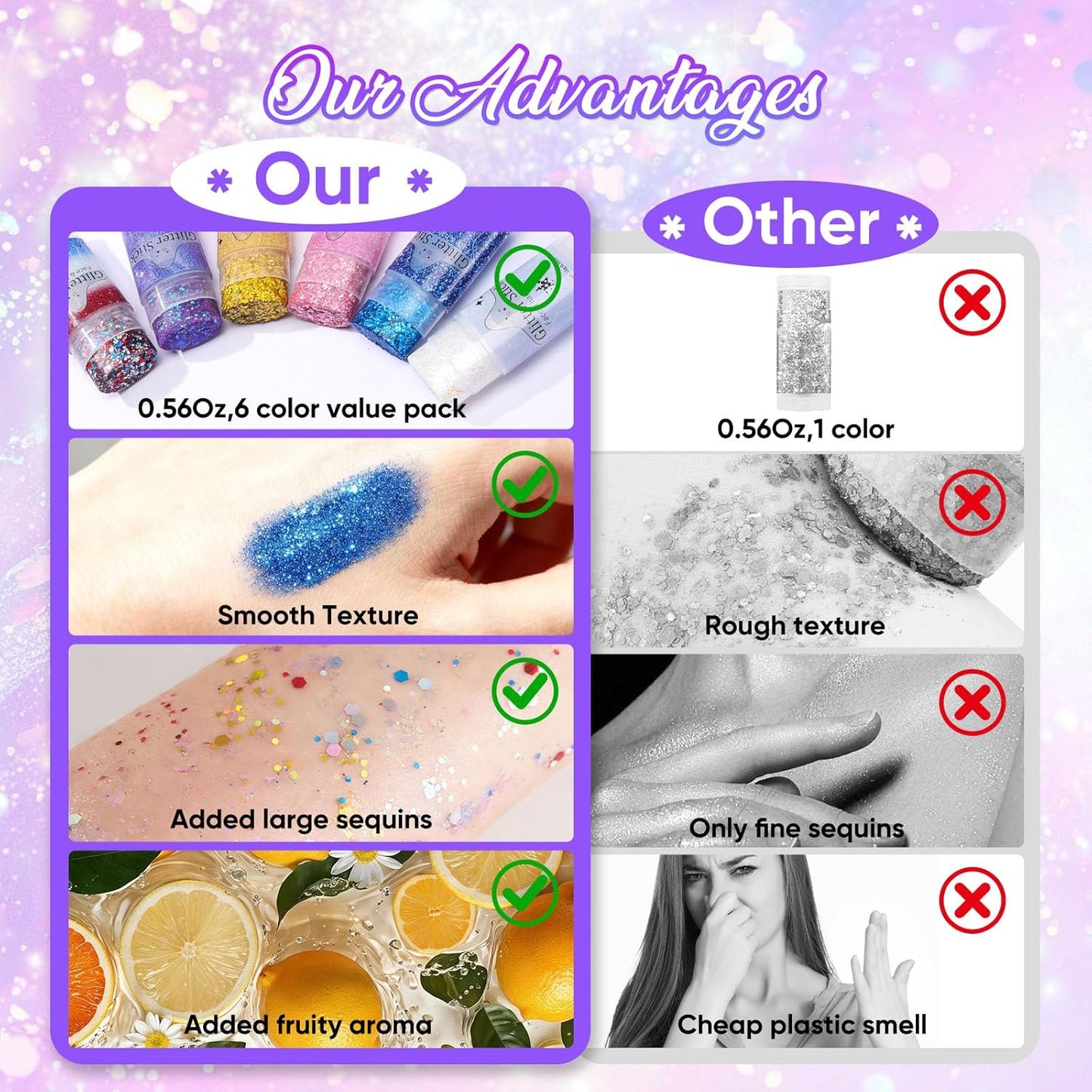 Body Glitter Stick - 6 Pack Red White & Blue Face & Hair Glitter | Chunky Sequins for 4th of July Festival Makeup