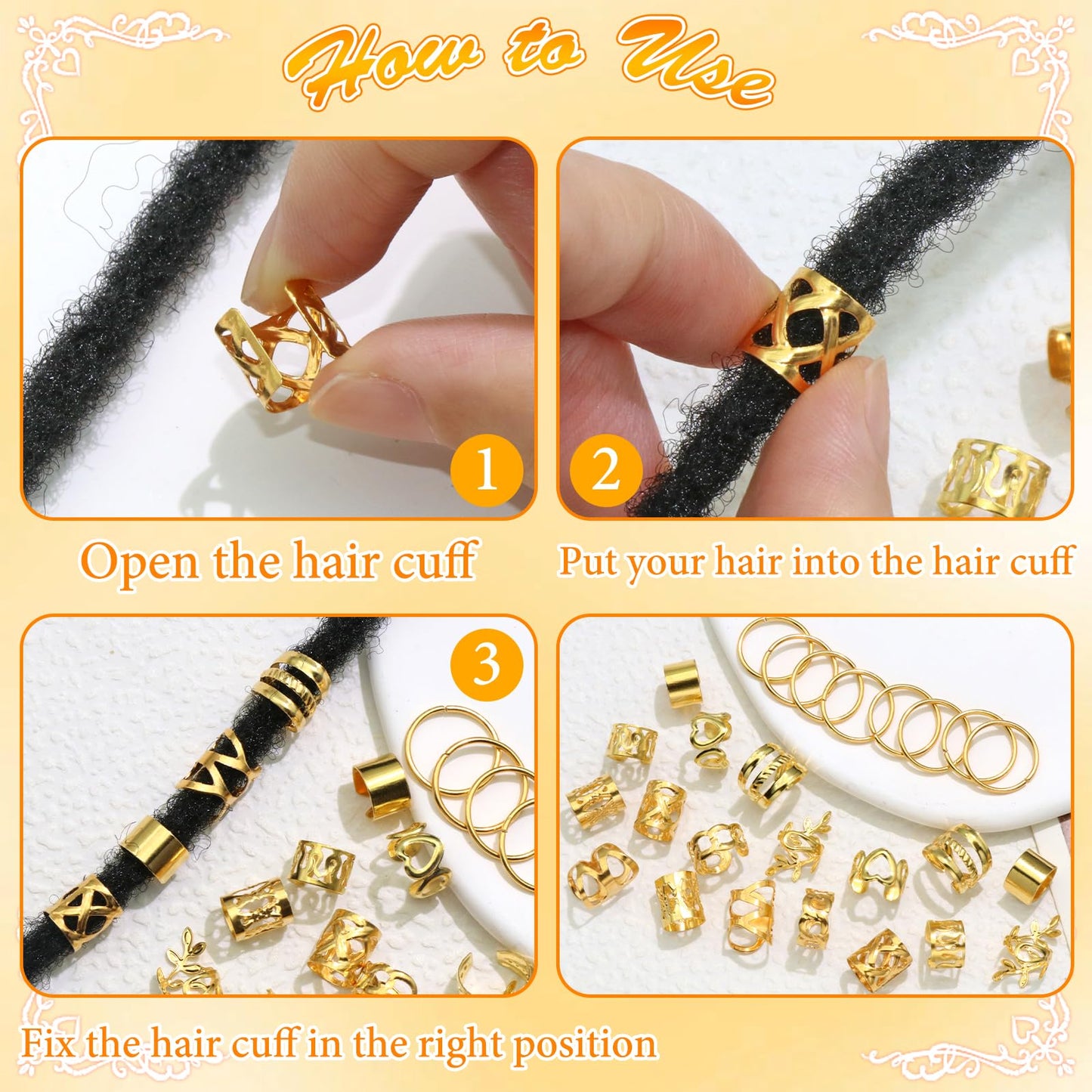 NAISKA 220 PCS Gold Hair Jewelry for Braids Hair Cuffs Rings Loc Jewelry for Women Dreadlock Hair Charms Stylish Box Hair Accessories for Women Men