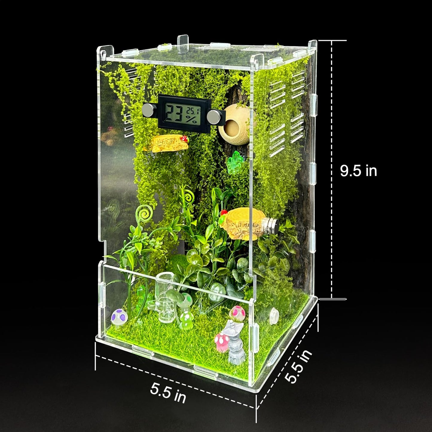 Jumping Spider Enclosure,DIY Insects Habitat,Small Reptile Terrarium Glass House Accessories Set,with Temperature and Humidity Detector Water Feeder Platform Hide,5.5“x5.5”x9.5“ (Forest)