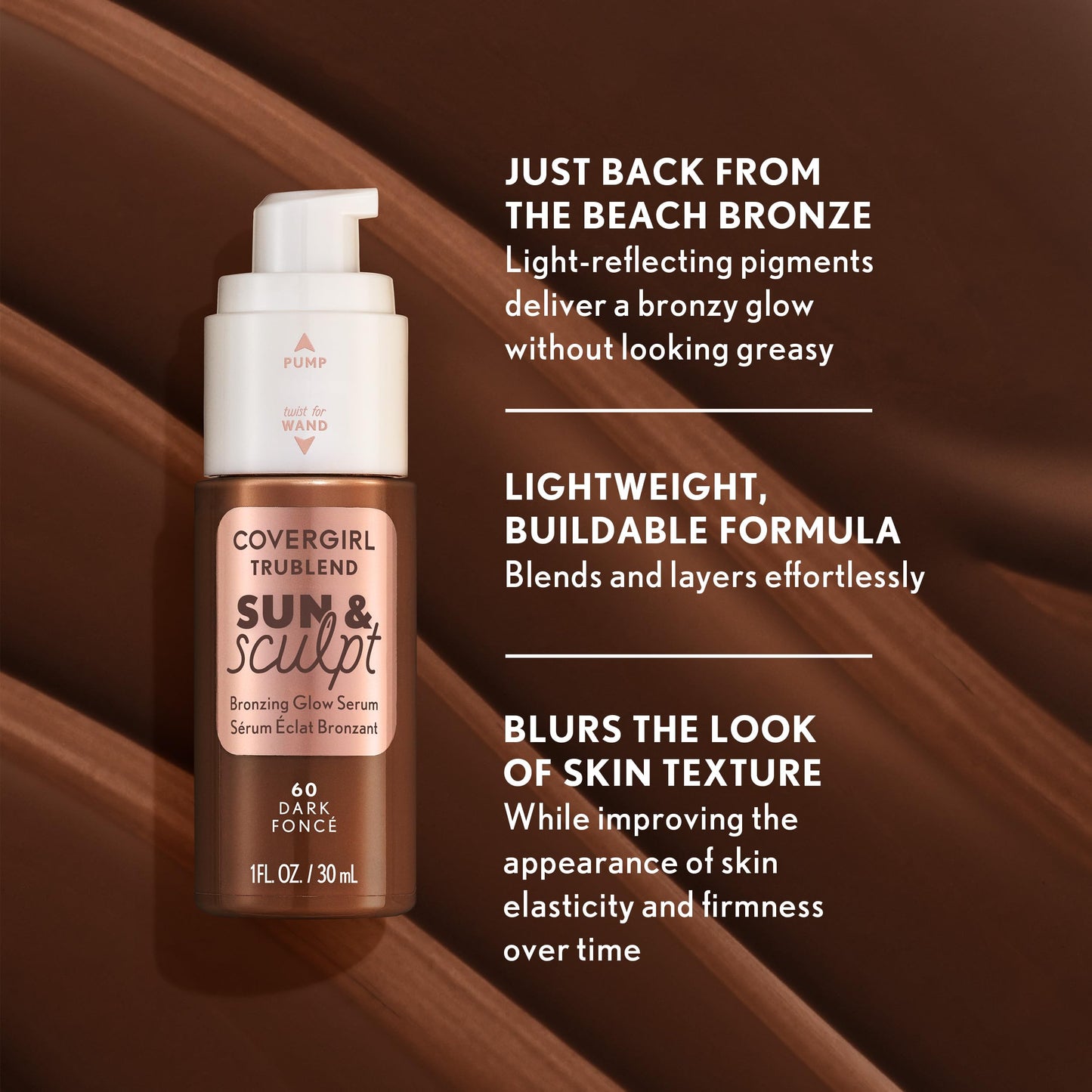 COVERGIRL TruBlend Sun & Sculpt Bronzing Glow Serum, Buildable, Radiant Glow, Wand and Pump Applicator - 20 Light