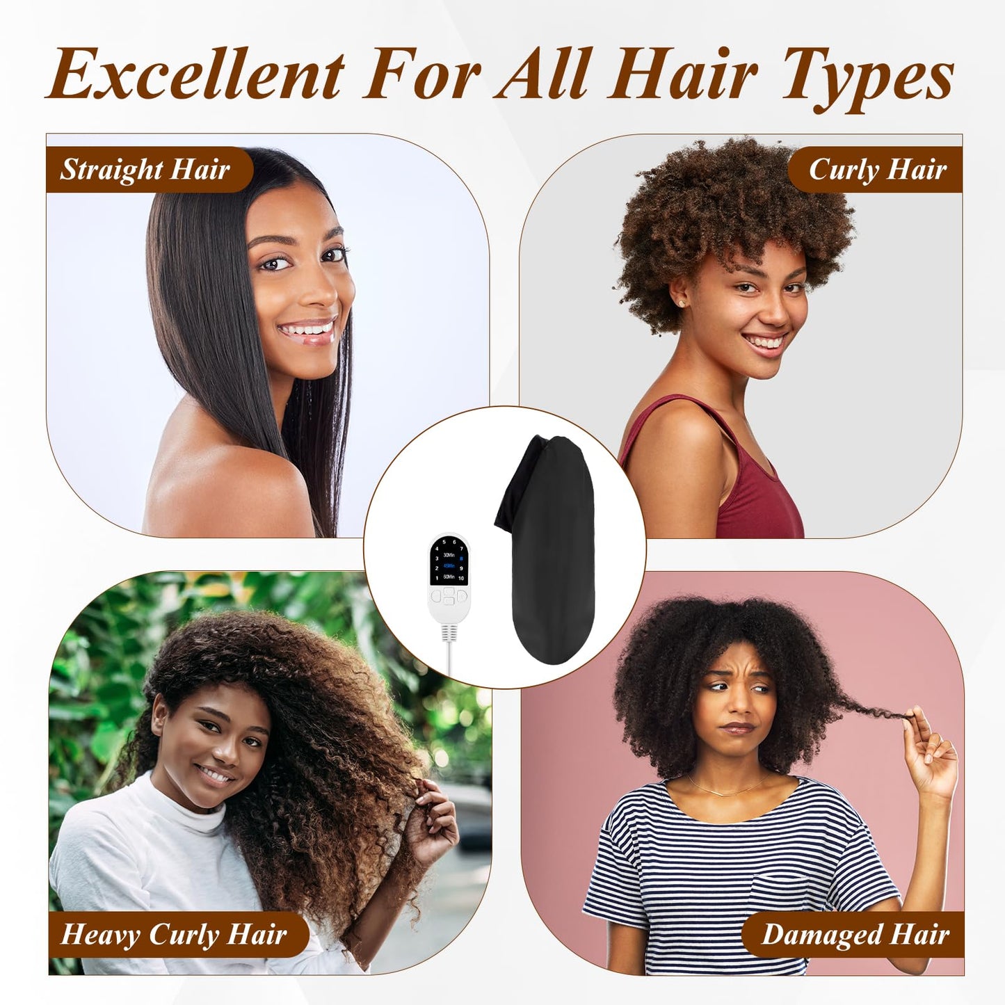 Heated Cap for Deep Conditioning: Upgraded Extra Large 10-Level Fast Heating 3 Time Settings Hair Steamer Cap for Natural Black Hair Portable Thermal Steam Cap for Home Hair Treatment - Deep Black