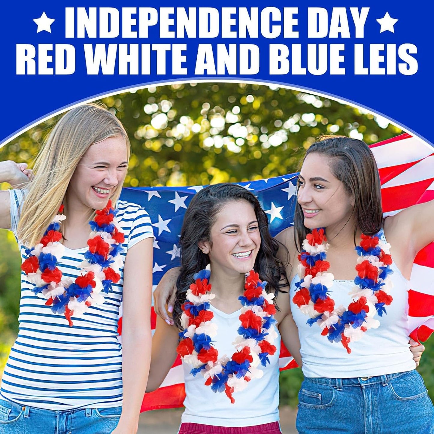 Patriotic Leis - 24 Pack Red White and Blue Flower Necklaces for 4th of July | Hawaiian Luau Decorations