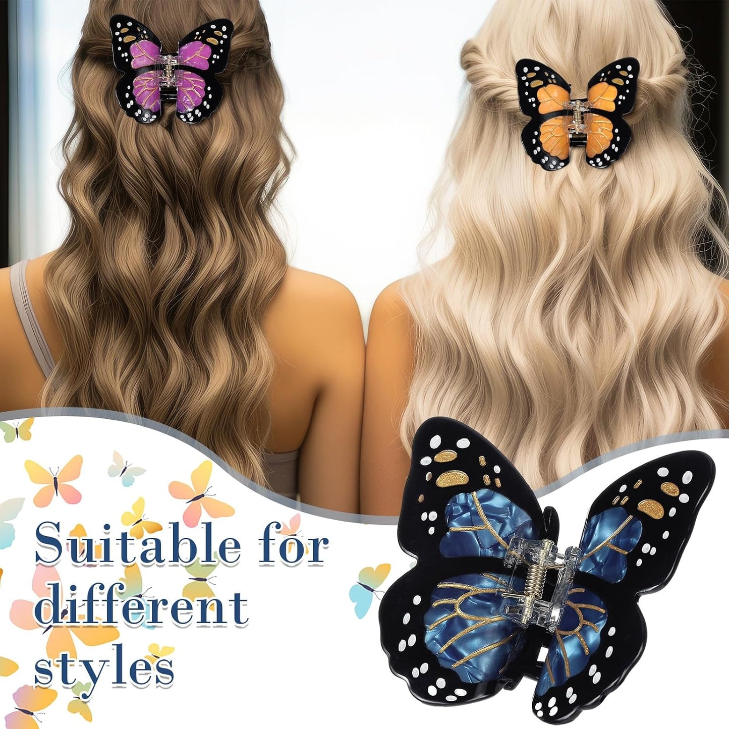 Monarch Butterfly Hair Clips - 3D Nonslip Claw Clips for Women | 3 Colors: Orange, Purple, Blue