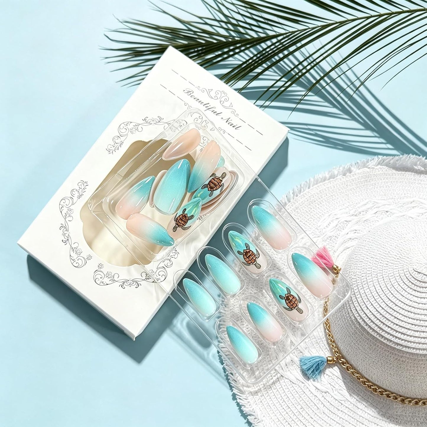 Press On Nails - Medium Almond Gradient Green Ocean | Glossy Acrylic Turtle Design - 24 Reusable Stick-On Nails