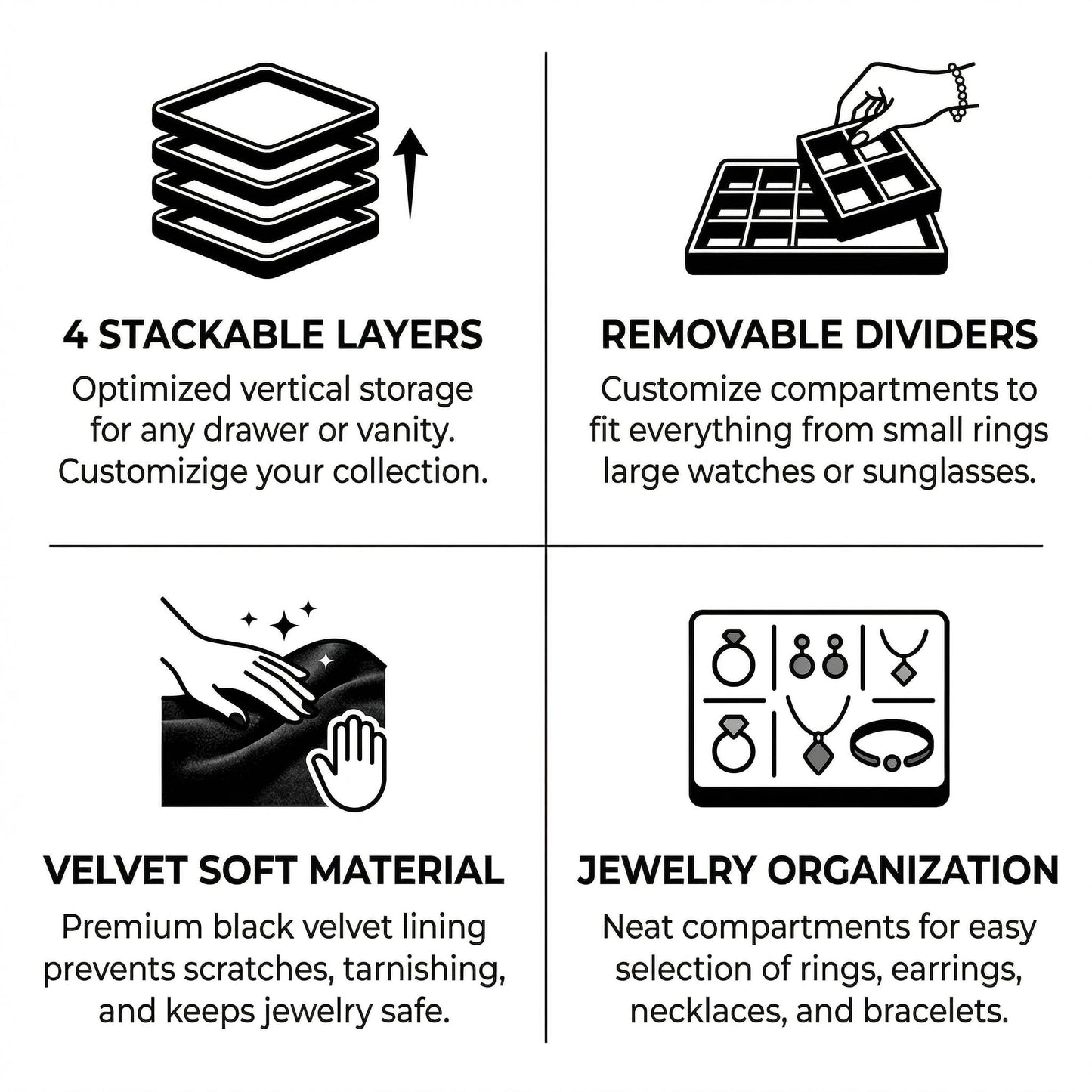 Velvet Jewelry Drawer Organizer Trays, 4-Layer Stackable Jewelry Storage Inserts Set, BLACK Jewelry Tray Set for Earrings, Rings, Necklaces and Bracelets, Removable Dividers for Dresser Drawer