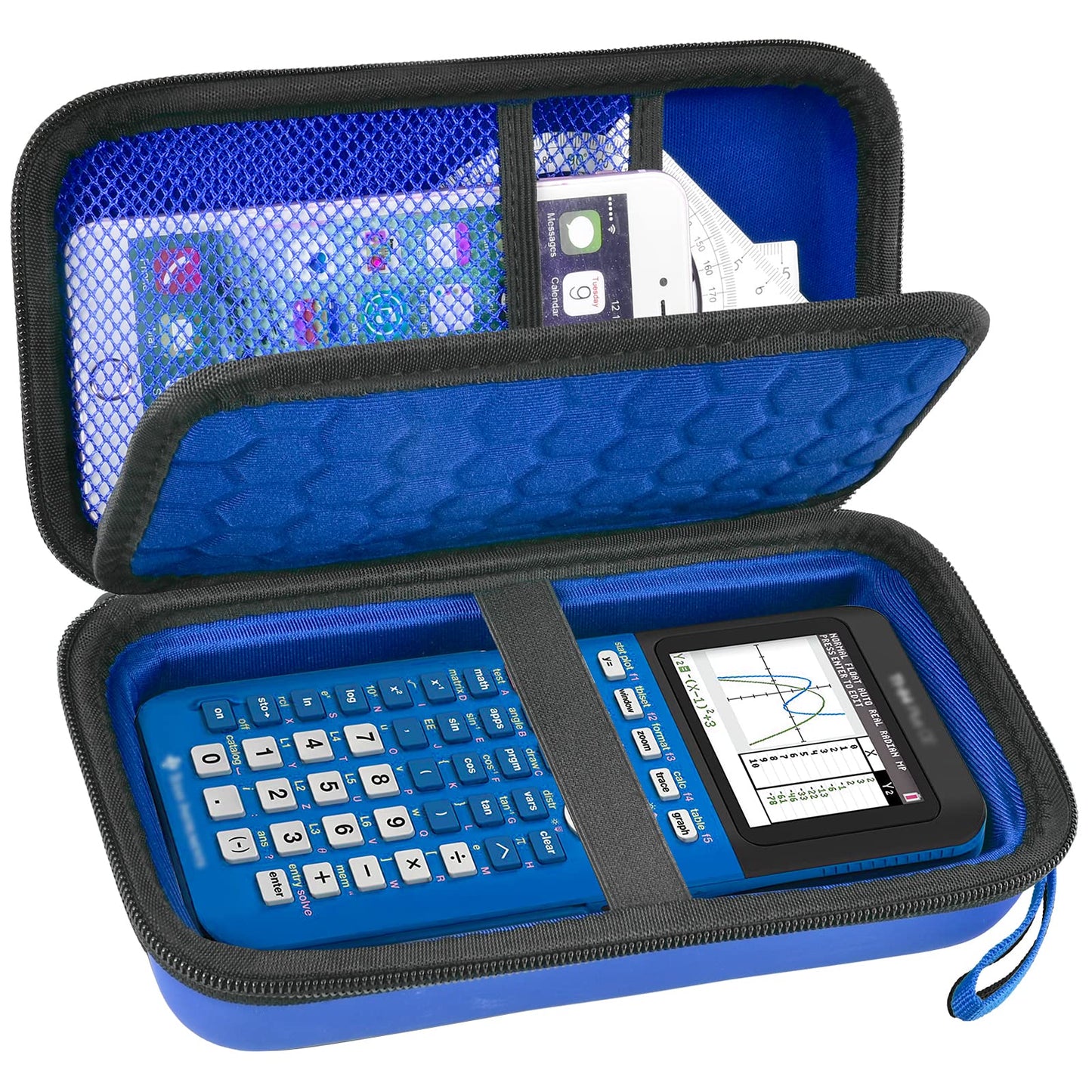 Graphing Calculator Case Compatible with Texas Instruments TI-84 Plus CE/TI-83 Plus CE, Hard Storage Holder for Students, School & Library Study, Mesh Pockets,Pen Holder Hand Strap Case Only Blue
