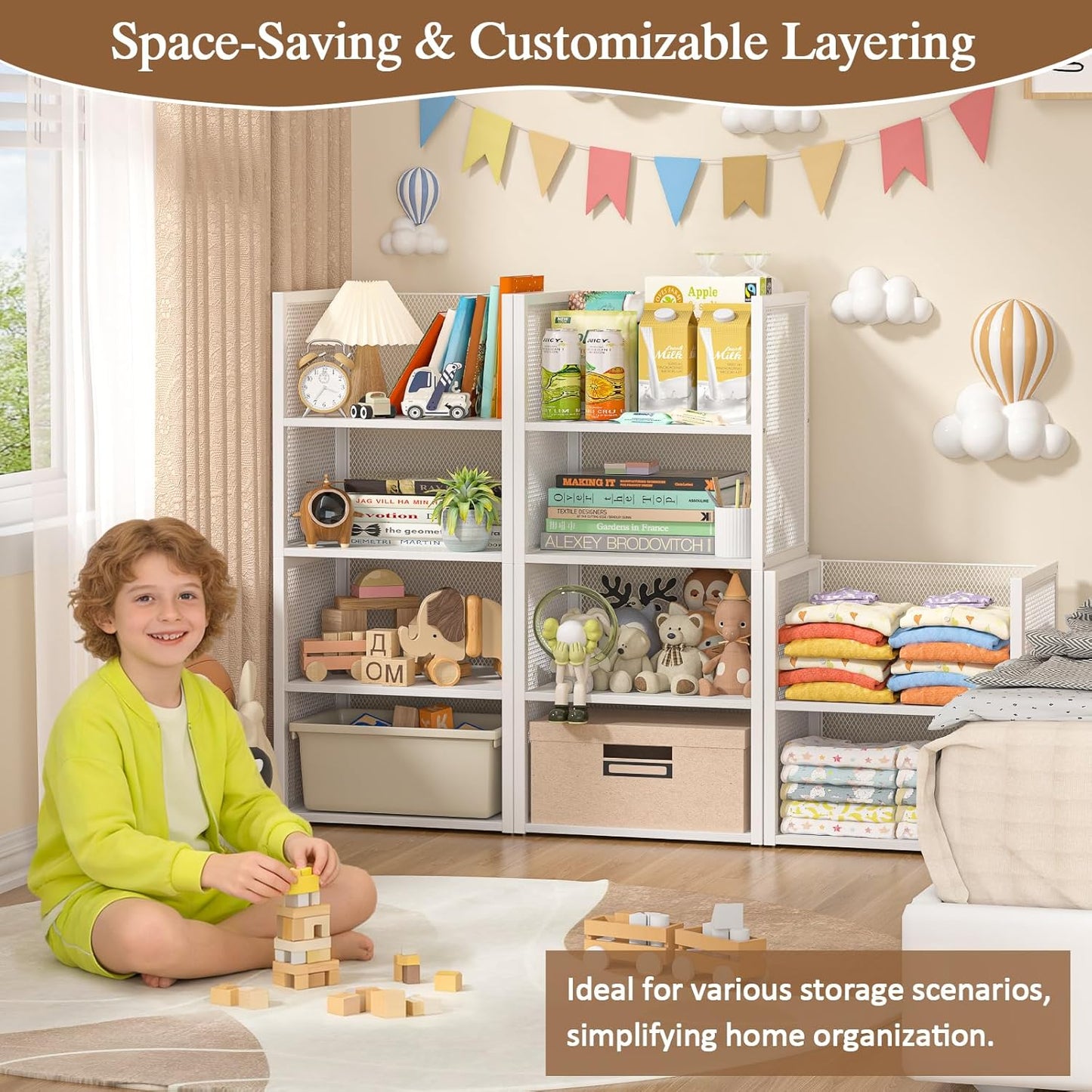 4-Tier Stackable Closet Organizer - Multifunctional Wire Storage Bins for Wardrobe, Kitchen & Laundry | White