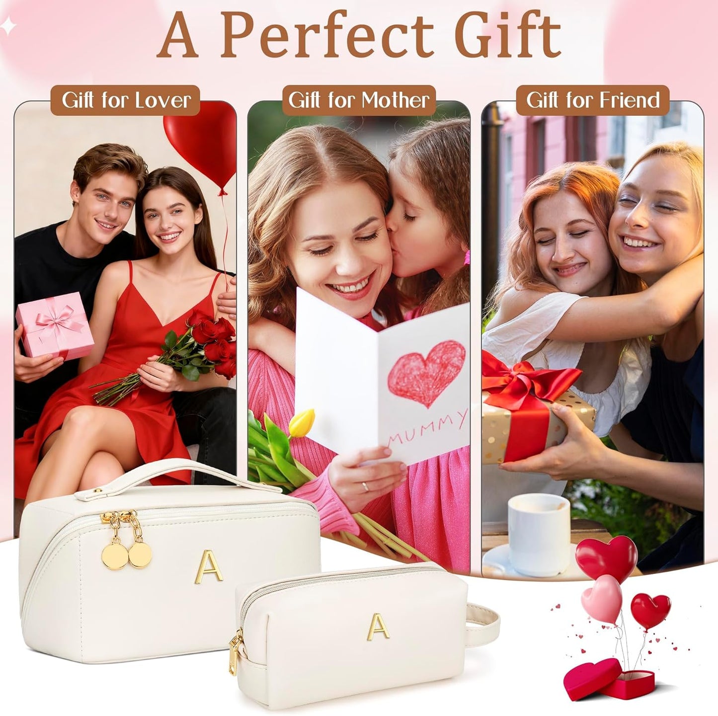 Personalized Initial Makeup Bag - Stylish PU Leather Travel Toiletry Bag | Multi-Pocket Design in Beige