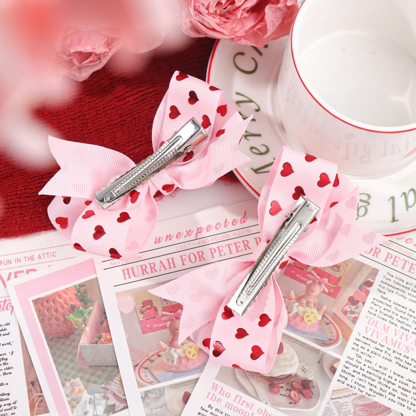 YanJie 4'' Hair Bow Clips Love Heart Hair Clips Valentines Hair Accessories Red Pink Bow Hair Barrettes Heart Print Boutique Alligator Toddler