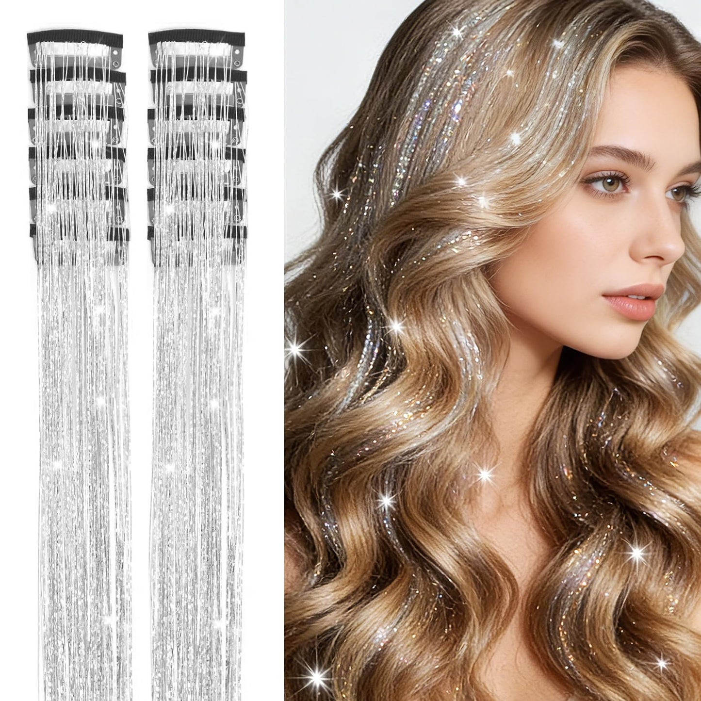 12 Pcs 20 Inch Clip in Hair Tinsel Kit, Silver Glitter Fairy Hair Extensions, Festival Party Hair Accessories for Women Girls Concert Cosplay Birthday