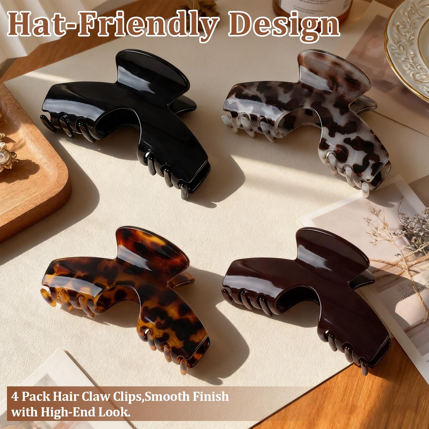 4PCS Large Hat Claw Clip, 5.1" Claw Clip for Hat Designed for Women & Girls,Tortoise Shell Acetate Material,Non-Slip Strong Hold for Thick,Thin,Curly & Long Hair,Stylish Hair Accessories
