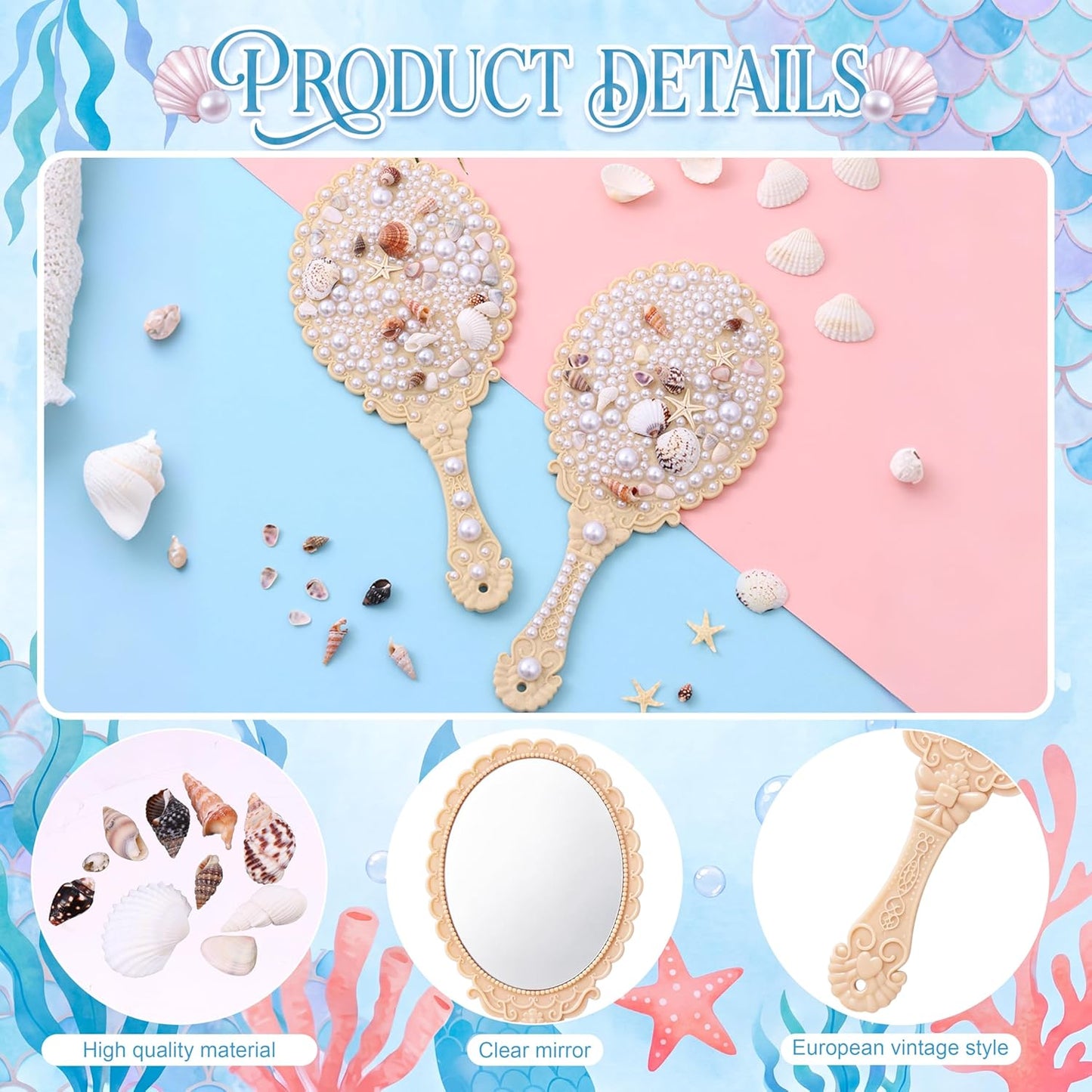 Mermaid Hand Mirror Crafts Kit - DIY Decor with Shells & Pearls | Perfect Party Favor for Weddings & Birthdays