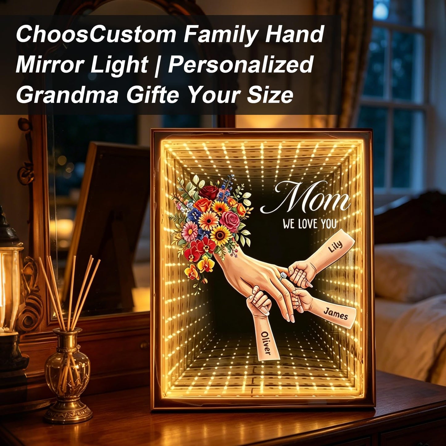 LogaPresent Hand in Hand Personalized Mom and Kids' Hands Mirror Light Custom Mommy Holding Hands Mirror with Kids Names for Mom Nana Grandma Mothers Day (Mirror Box-3)