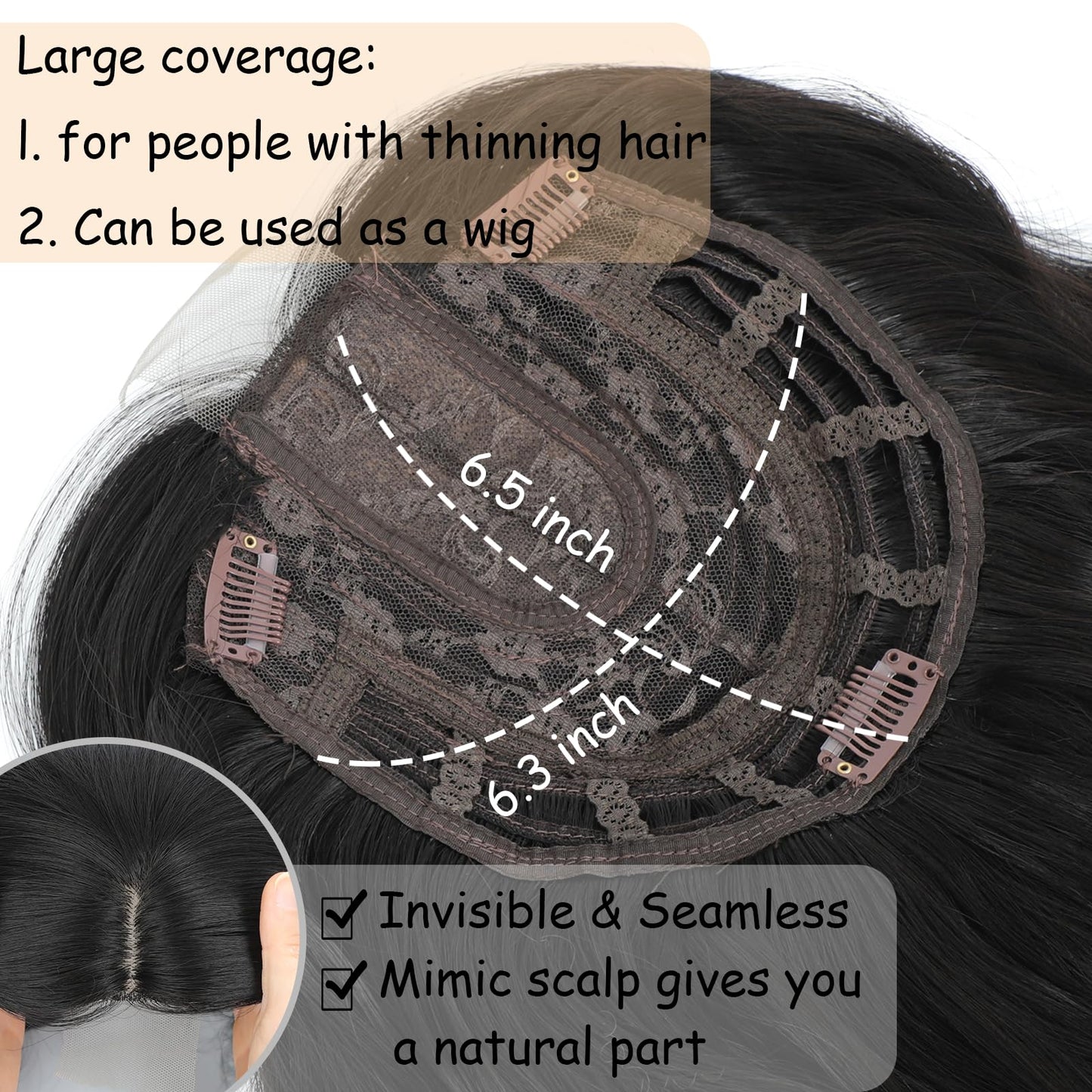 16 Inch Hair Topper for Women with Thinning Hair, Synthetic Curly Wavy Clip-In Topper with Curtain Bangs Natural Looking Crown Coverage Lightweight Hair Piece for Volume(Black)
