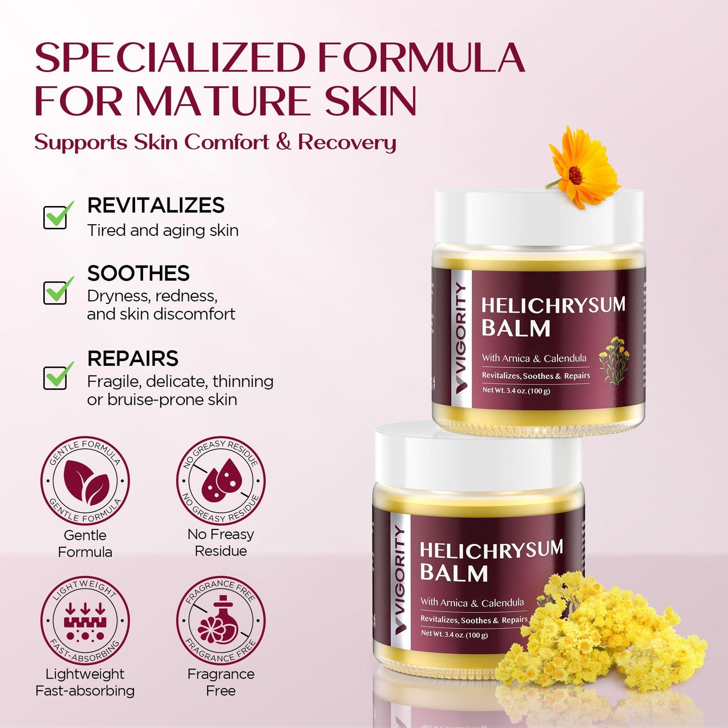 Vigority Helichrysum Balm Soothes & Repairs: Restorative Arnica Cream with Calendula for Fragile, Thin Skin & Bruise-Prone – Moisturizes, Revitalizes & Strengthens Skin Barrier for Adult Seniors 3.4oz