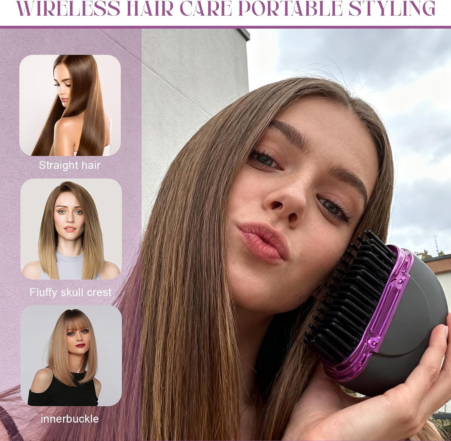 Mini Hair Straightener - Portable Rechargeable Brush with 3-Speed Temperature Control | Fast Heating Anti-Scald Design (Black)