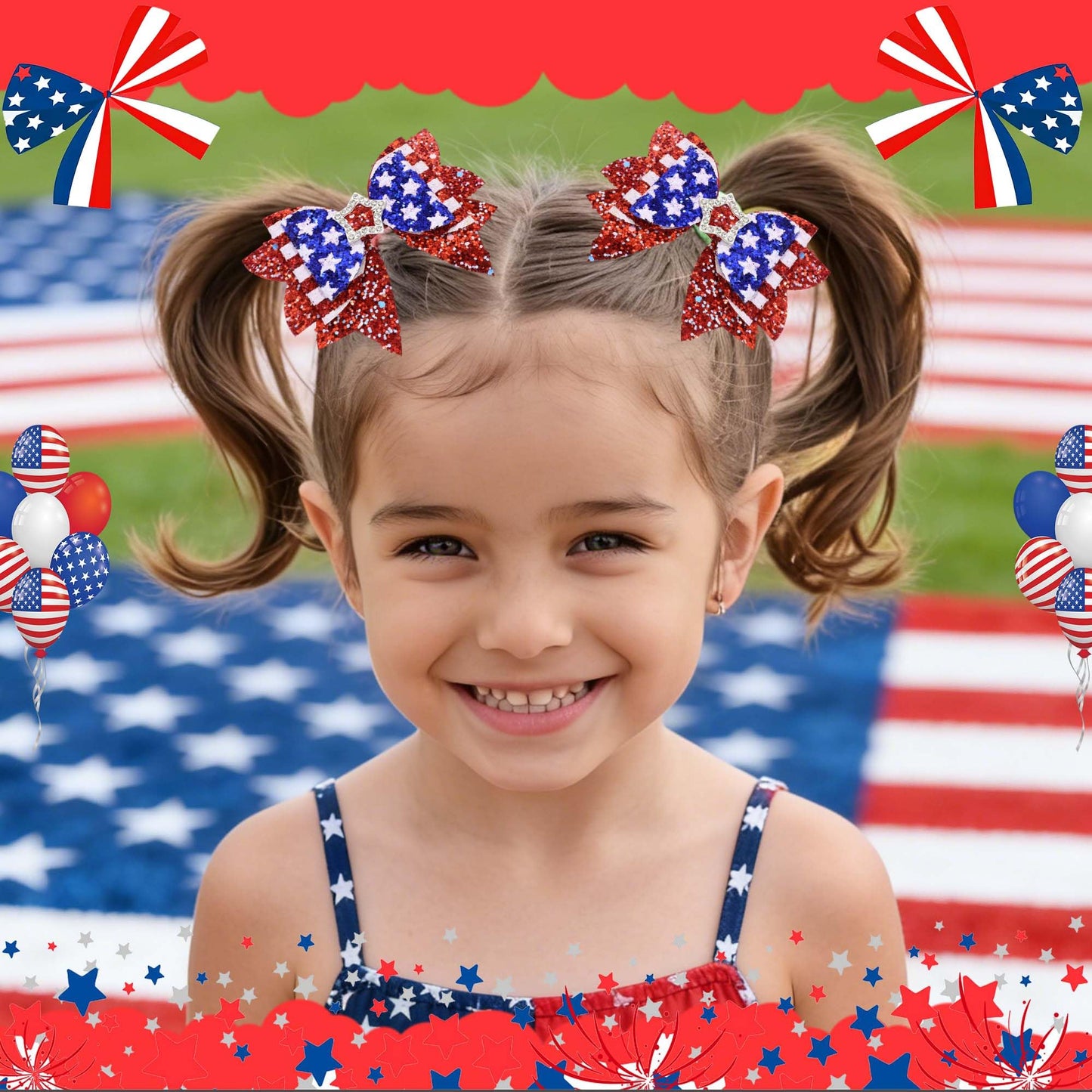 FARSYOD Fourth of July Hair Bow Glitter Patriotic Bows American Flag Print Bowknot Barrettes Sparkly Red White Blue Hairpin Cute Hair Accessories for 4th of July Independence Day