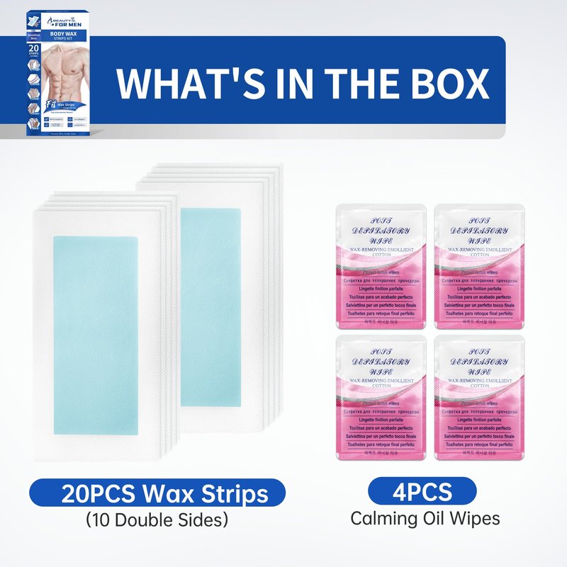 Beauty7 Men Wax Strips for Body, Ready to Use Waxing Strips, Facial Hair Removal Wax, Legs Arms Chest At Home Waxing, 20 Waxing Strip 4 Calming Oil Wipes