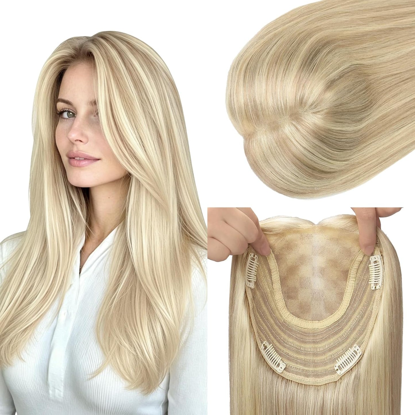 Real Human Hair Toppers for Women - Thinning Crown Solution | 6x7 Inch, 150 Density, 14 Inch Platinum Blonde