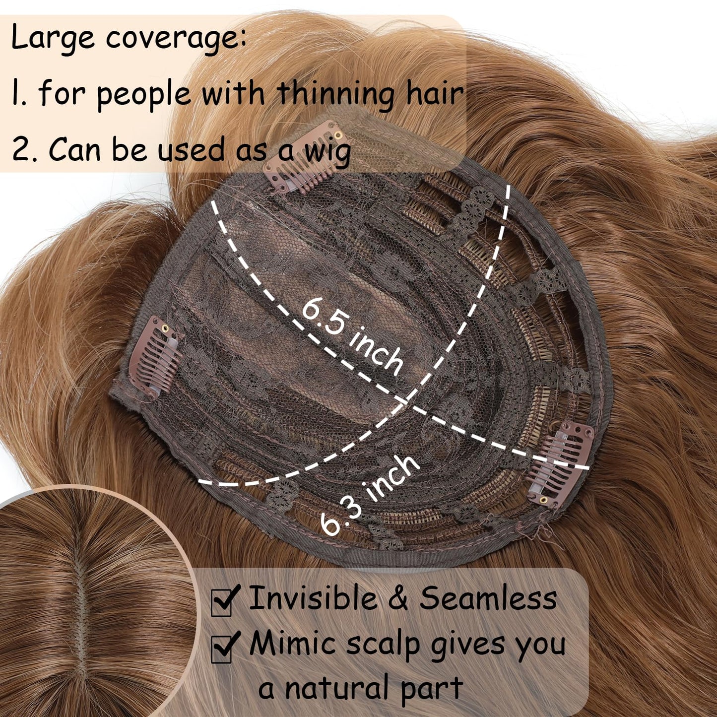 16 Inch Hair Topper for Women with Thinning Hair, Synthetic Curly Wavy Clip-In Topper with Wispy Bangs Natural Looking Crown Coverage Lightweight Hair Piece for Volume(Honey Brown)