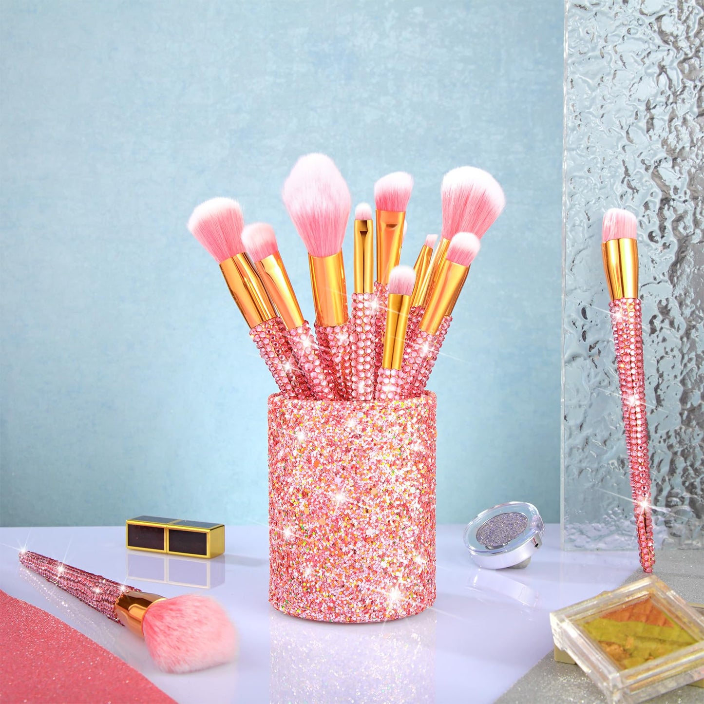 Rtteri 13 Pcs Rhinestone Makeup Brushes Set Professional Bling Crystal Face Cosmetics Brush for Women Girls Cute Foundation Concealer Eye Shadow Blush Lip Brushes Makeup Tools Kit