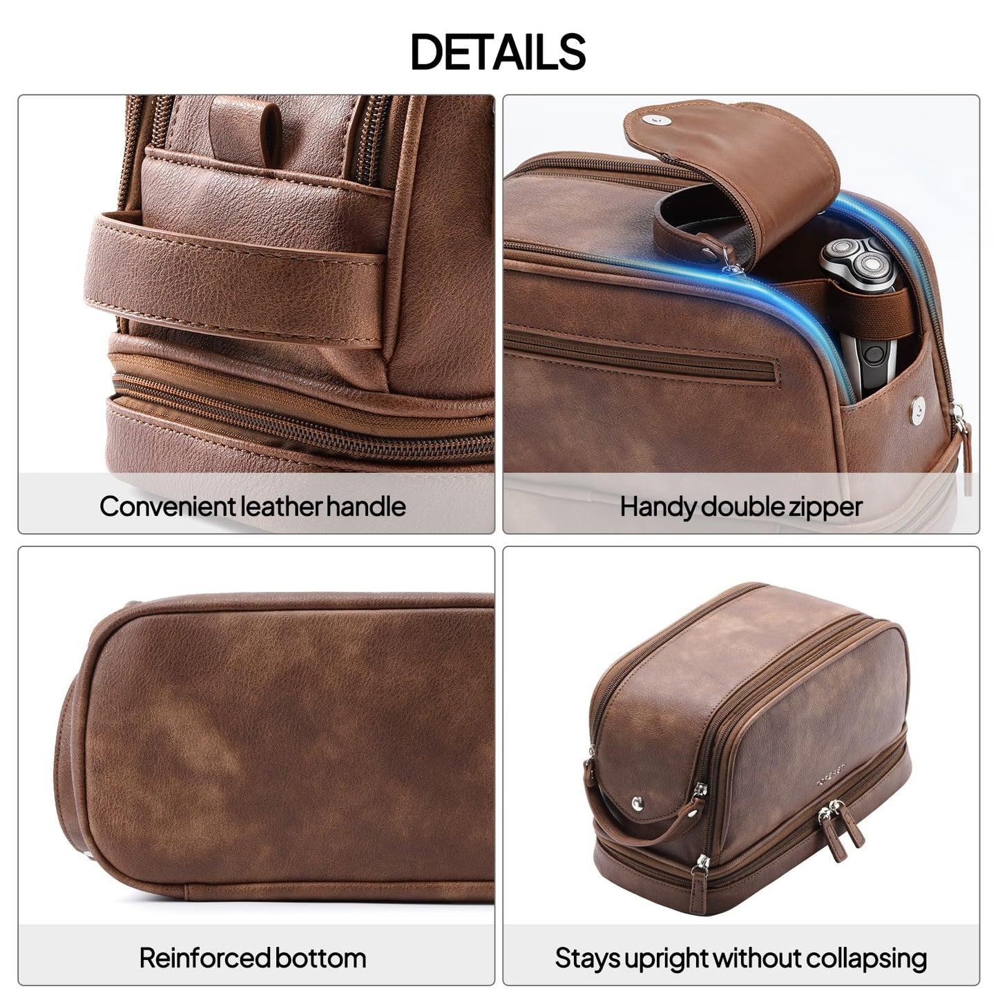 TOPEAST Toiletry Bag for Men, Large PU Leather Dopp Kit with Waterproof Wet Pocket, Double Layer Travel Toiletry Organizer with Brush Compartment, Shaving Bag with Handle, Brown