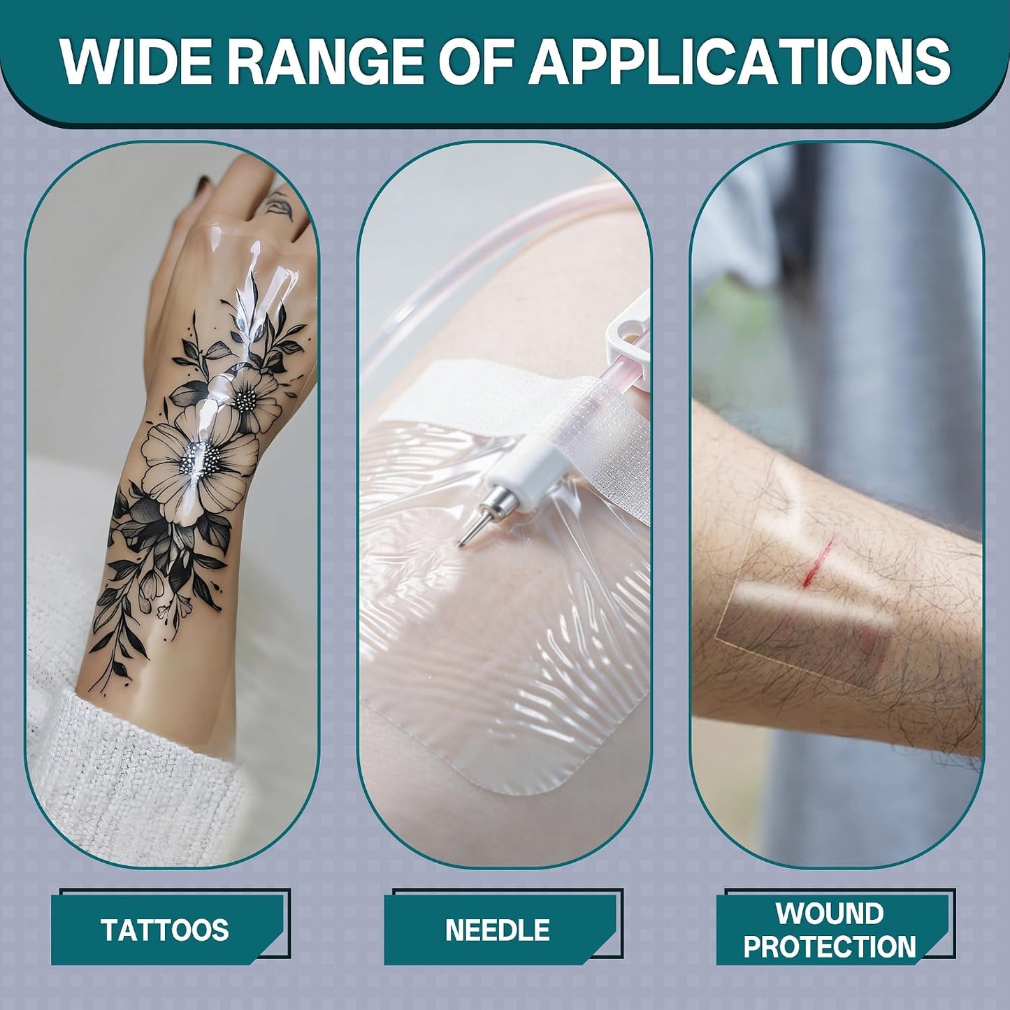 Tattoo Wrap - Waterproof Transparent Bandage Film for Aftercare | 20 Yards, Mixed Sizes (2/4/6/8 Inch)