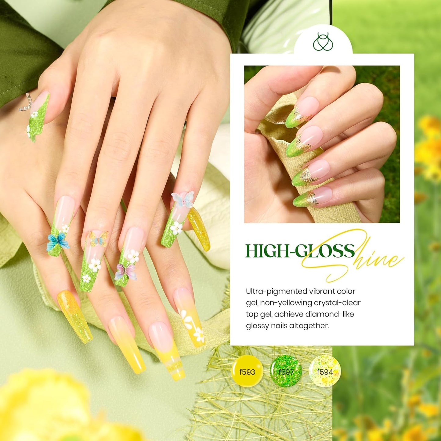 Beetles Green Gel Nail Polish Set - 6 Colors Cat Eye Glitter Gel | Summer Lime Yellow Flash UV LED Starter Kit for DIY Home & Salon Use