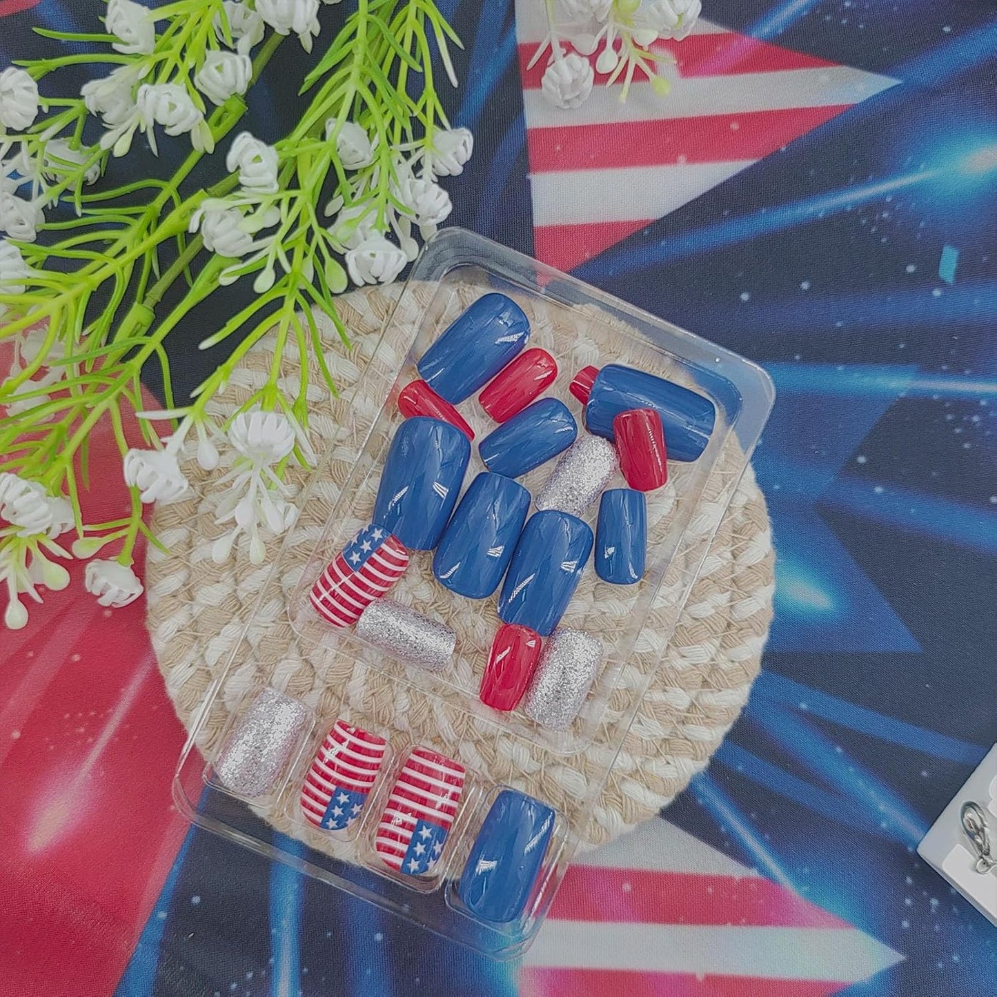 Independence Day Press-On Nails - Medium Square Glitter Acrylic Nails with American Flag Design | 24 Pcs Blue & Red