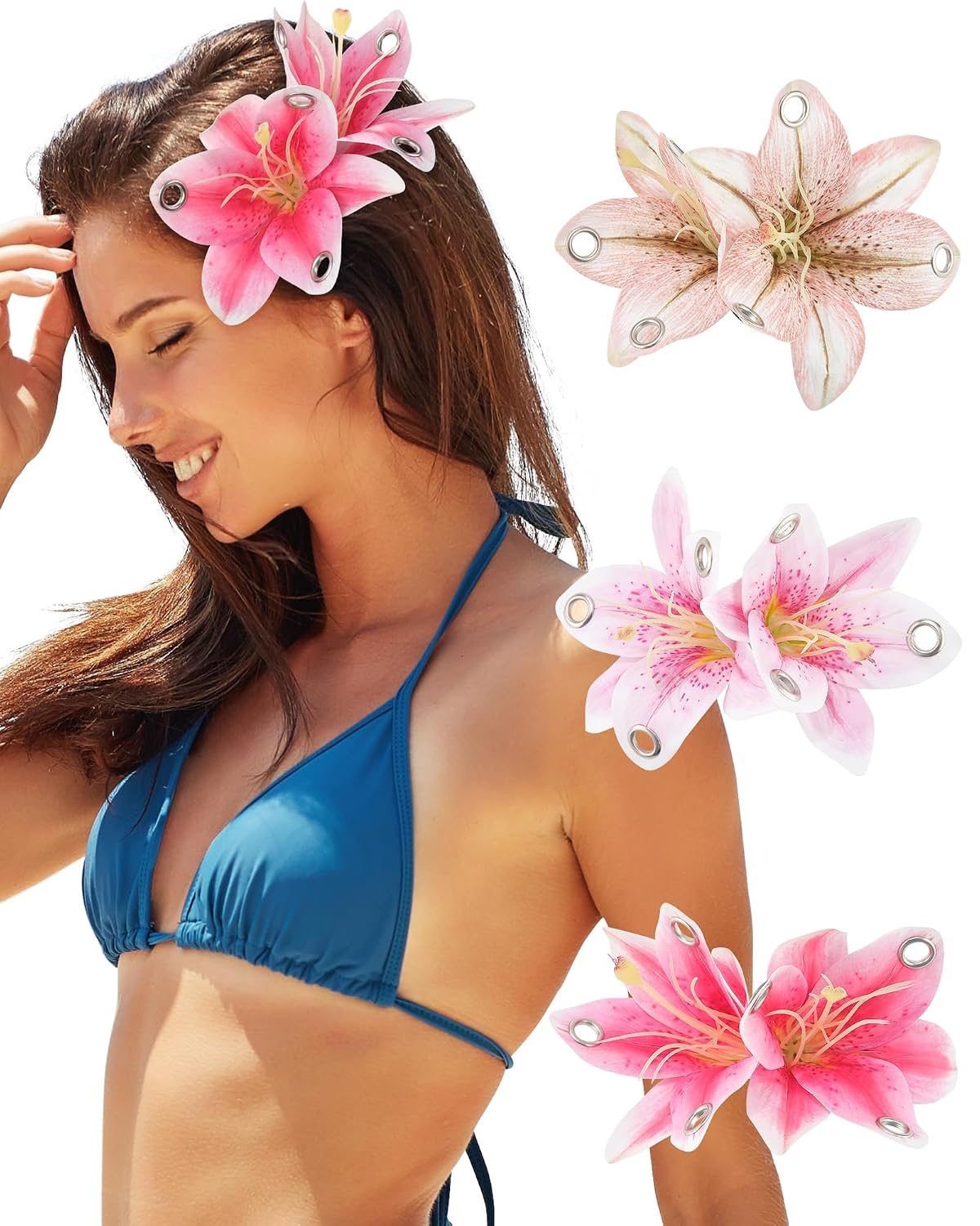Hawaiian Flower Hair Clips - 3 PCS Artificial Orchid Barrettes for Weddings & Beach Parties | Pink, Rose, Green