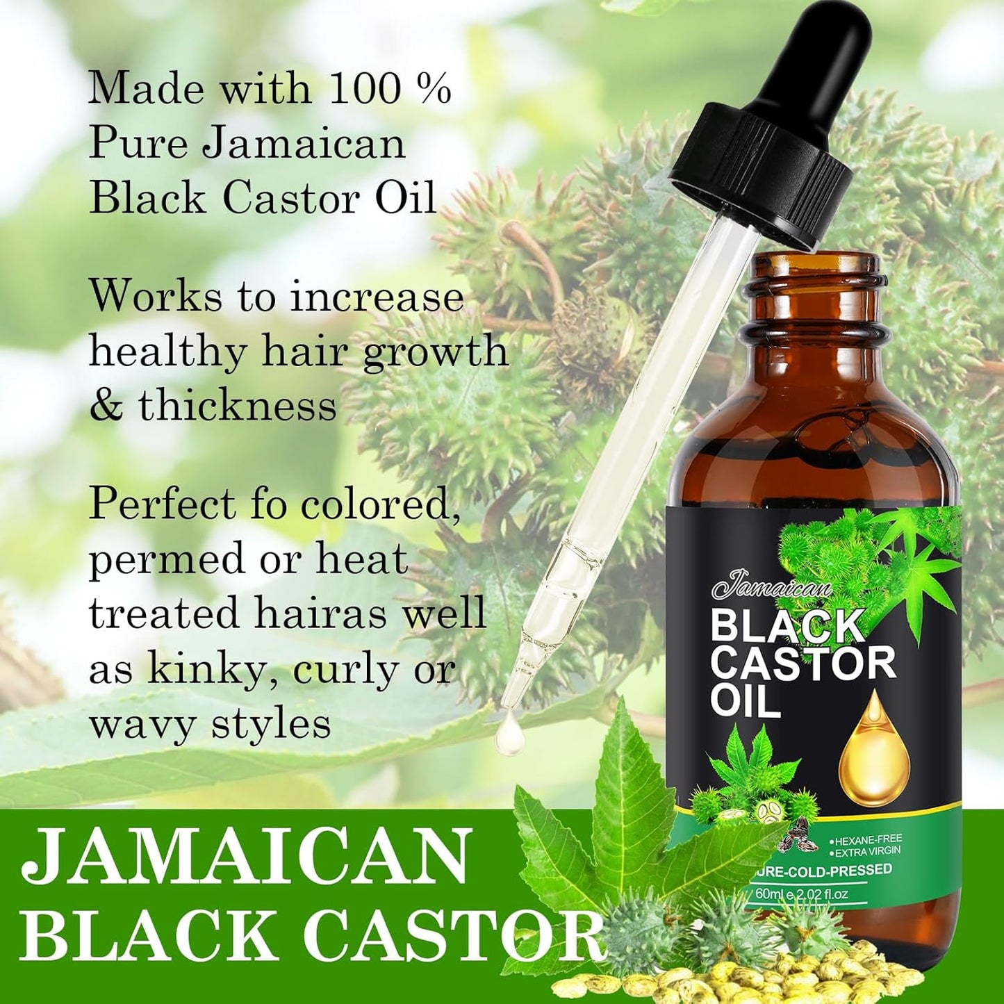 Jamaican Black Castor Oil - Organic Cold Pressed Unrefined | Hair Growth, Skin Moisturizer & Nail Care, 60ML