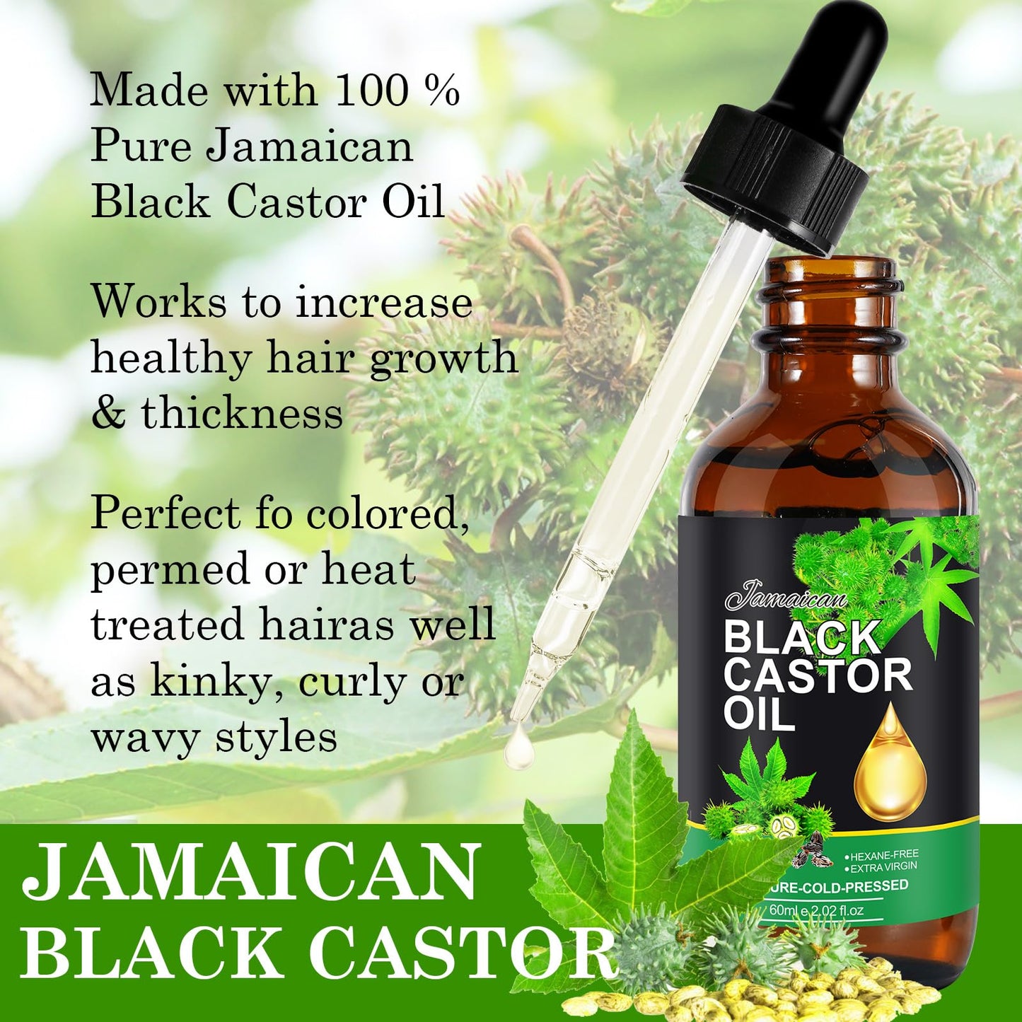 Jamaican Black Castor Oil, Castor Oil Organic Cold Pressed Unrefined, Pure Natural Castor Oil for Hair Growth, Eyelashes & Eyebrows, Deep Cleansing, Skin & Scalp Moisturizer, Nail Care Grow, 60ML
