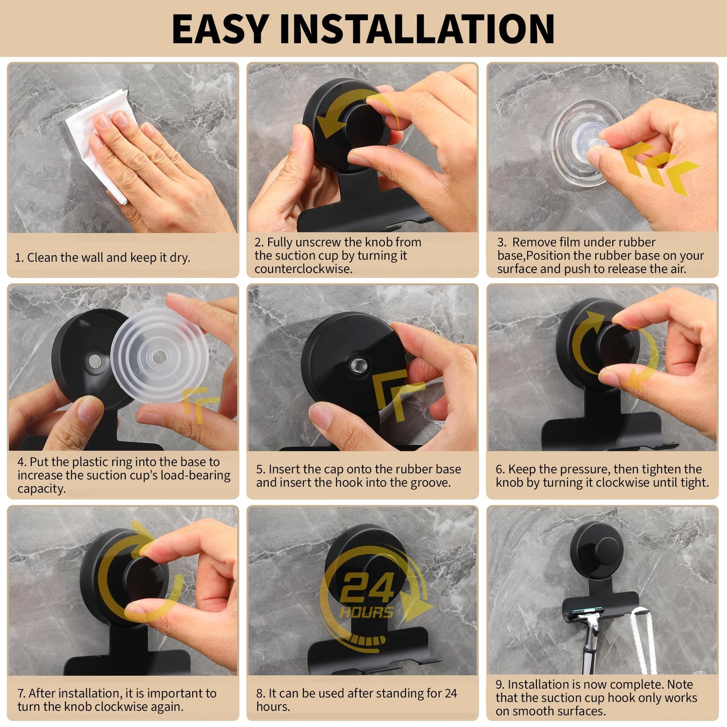 Fenas Suction Cup Razor and Shaver Holder for Shower Wall, Stainless Steel Reusable Suction Hook for Towel and Loofah, Damage-Free Installation (2, Matte Black)