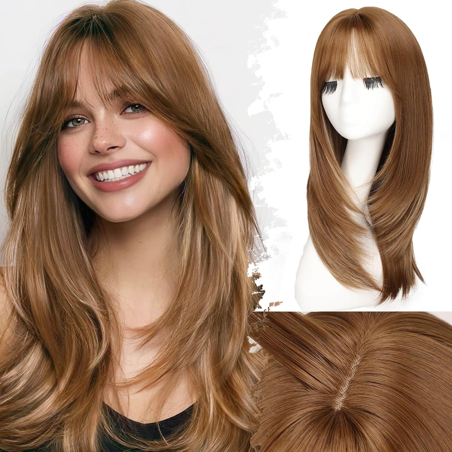 Beginner-Friendly Ash Blonde Wig with Bangs - 4x4 Glueless Synthetic Hair, Medium Length, Face-Framing Layers