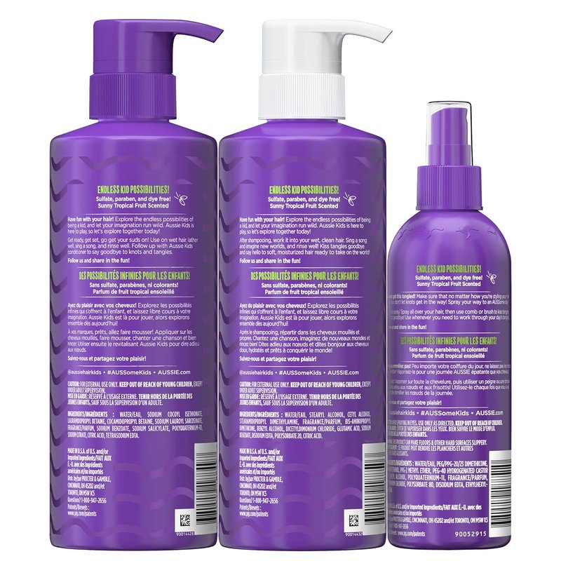 Aussie Kids Hair Care Bundle - Shampoo, Conditioner & Detangler Spray | Paraben-Free, Sulfate-Free, 16 Fl Oz & 8 Fl Oz